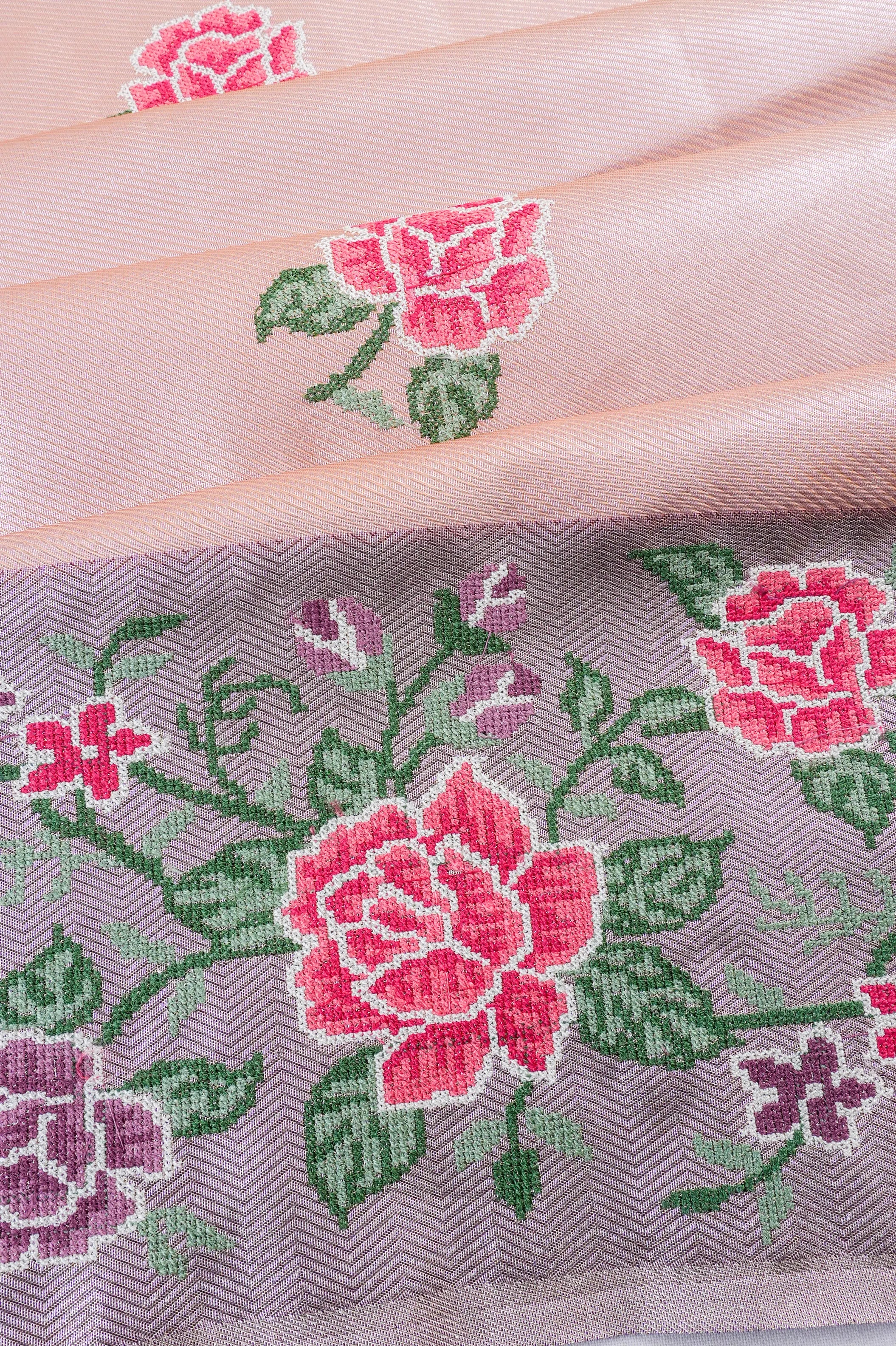 Soft Silk Brocade And Embroidery Butta Pastel Pink Saree