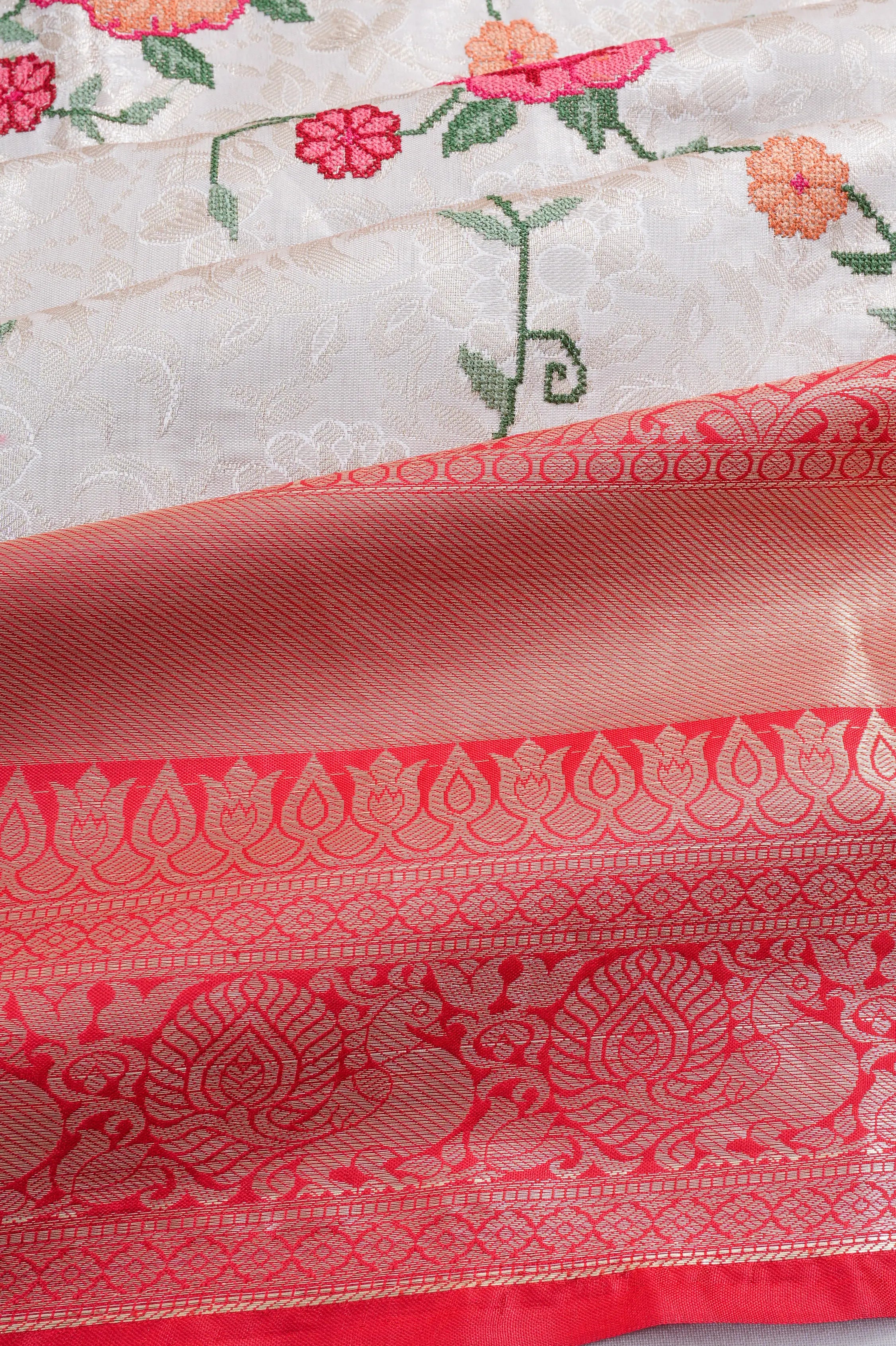 Soft Silk Brocade White Saree With Embroidery Jaal
