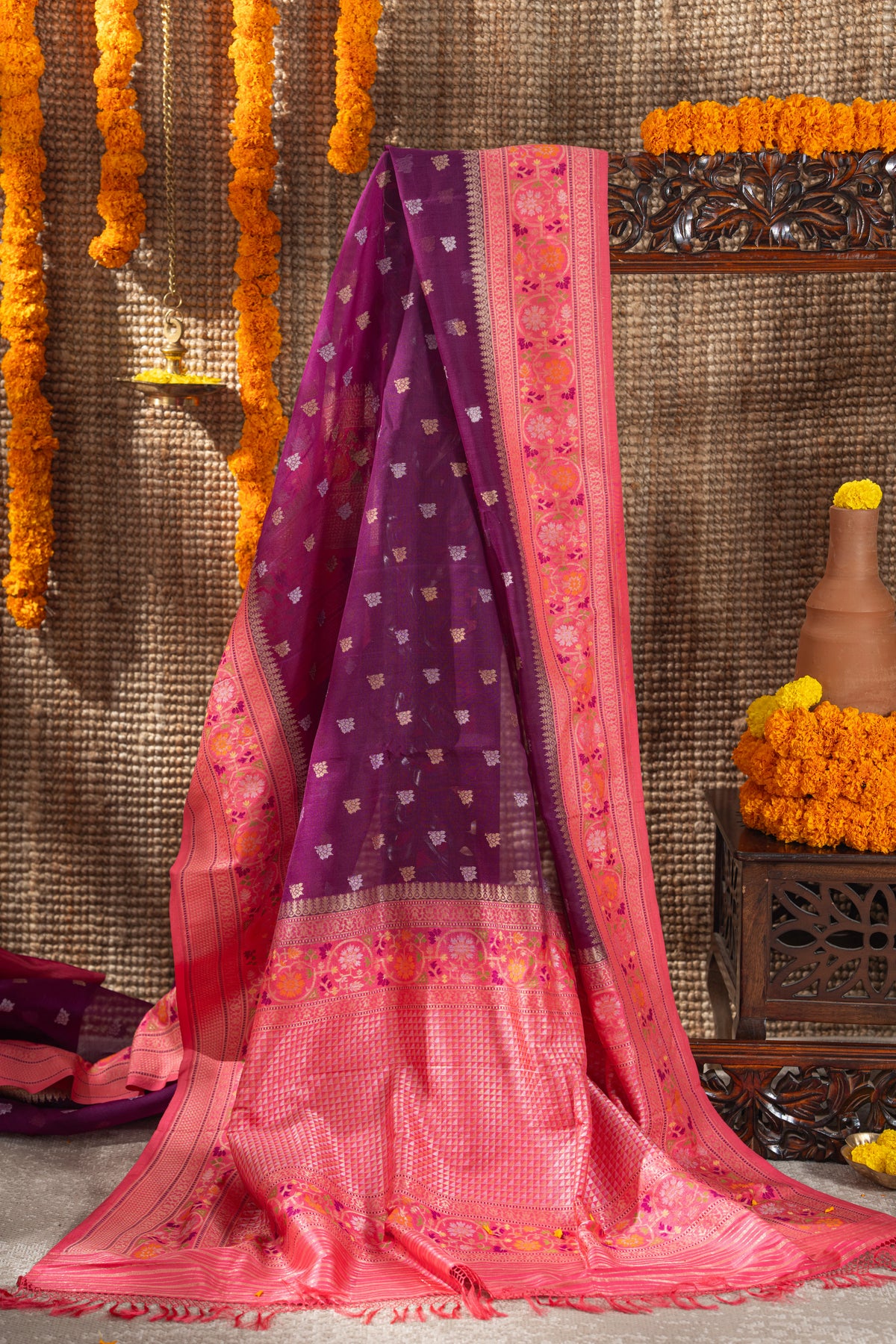 Banarasi Kora Organza Butta Purple Saree