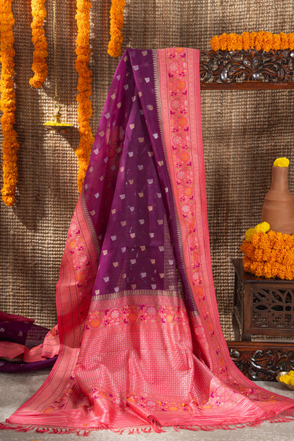 Banarasi Kora Organza Butta Purple Saree