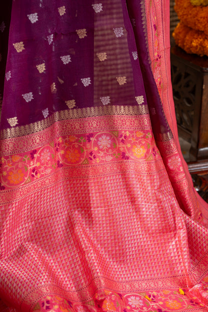 Banarasi Kora Organza Butta Purple Saree