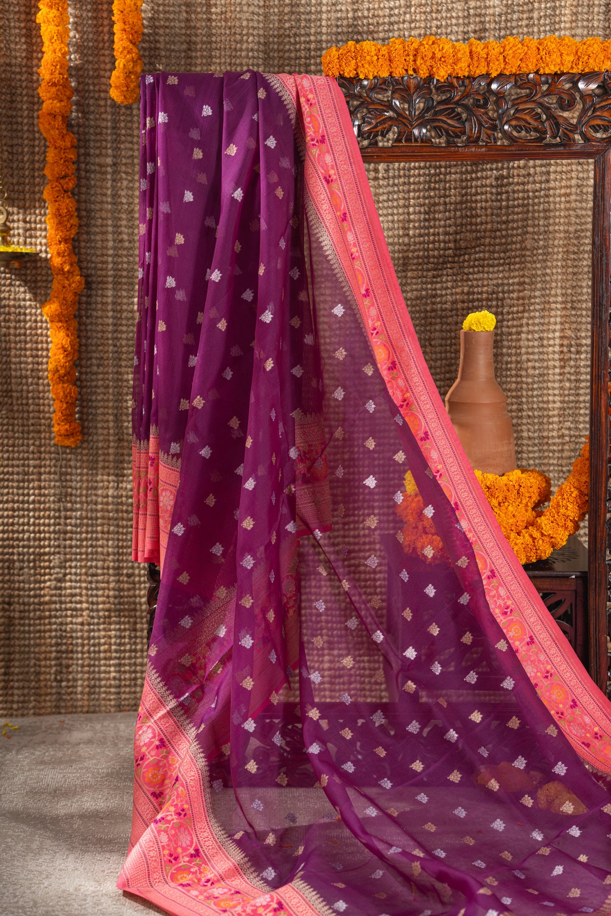 Banarasi Kora Organza Butta Purple Saree