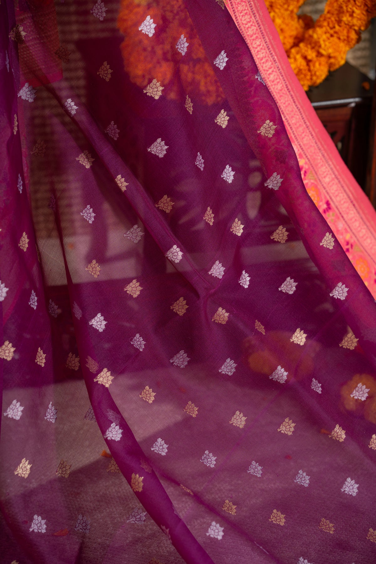 Banarasi Kora Organza Butta Purple Saree