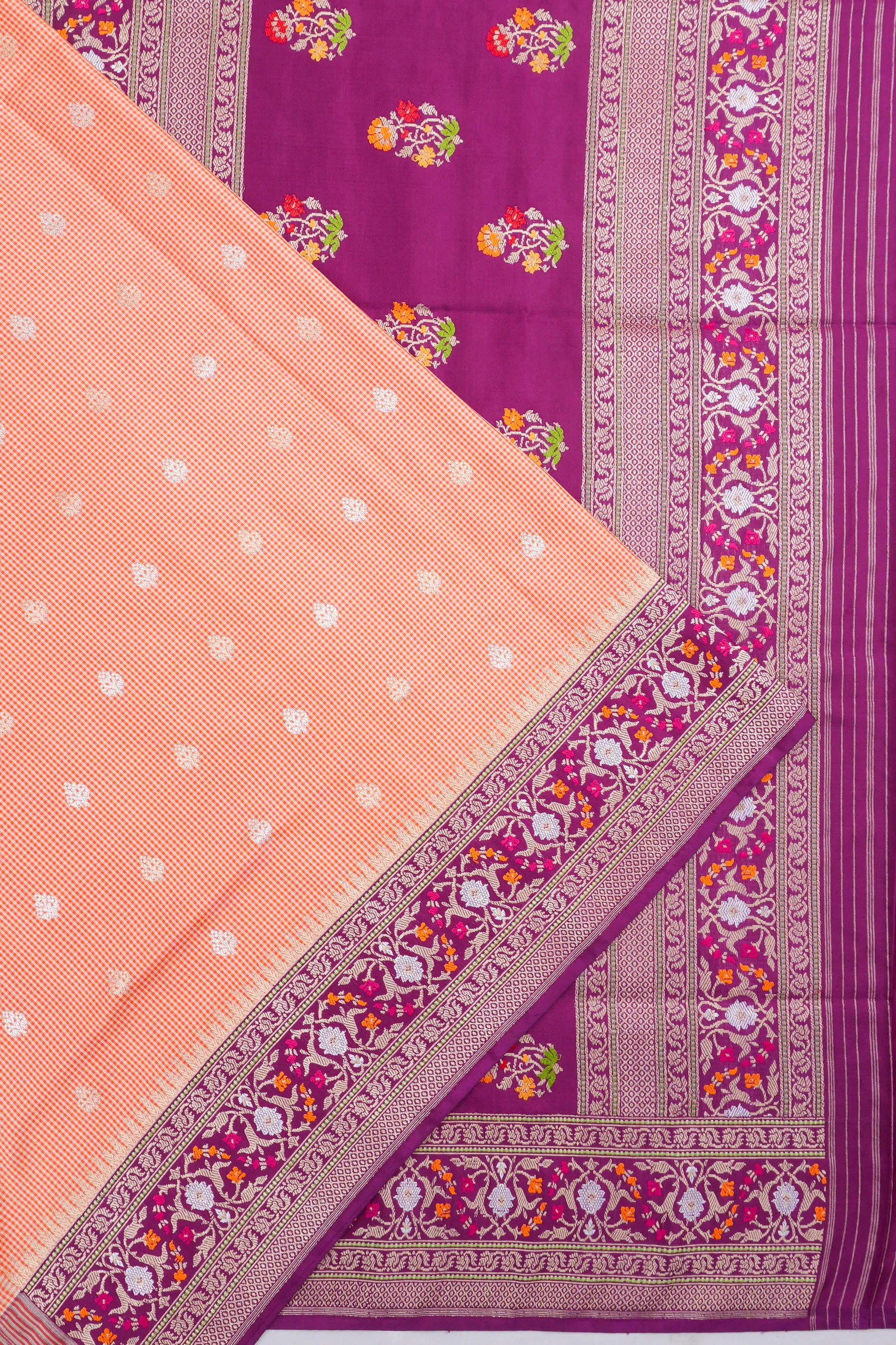 Banarasi Silk Checks And Kadwa Butta Pastel Orange Saree