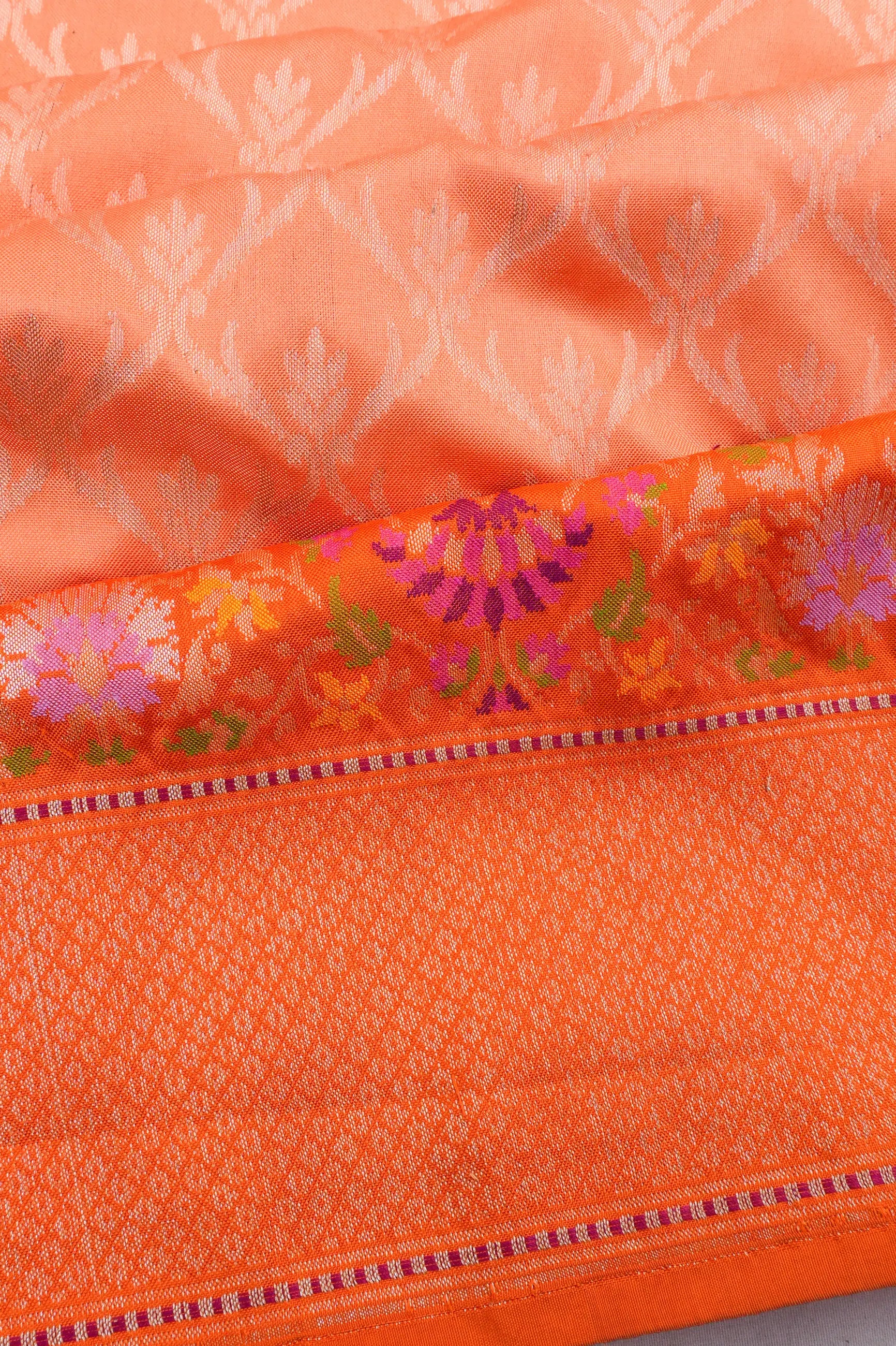 Banarasi Silk Kadwa Jaal Pastel Orange Saree With Meenakari Border