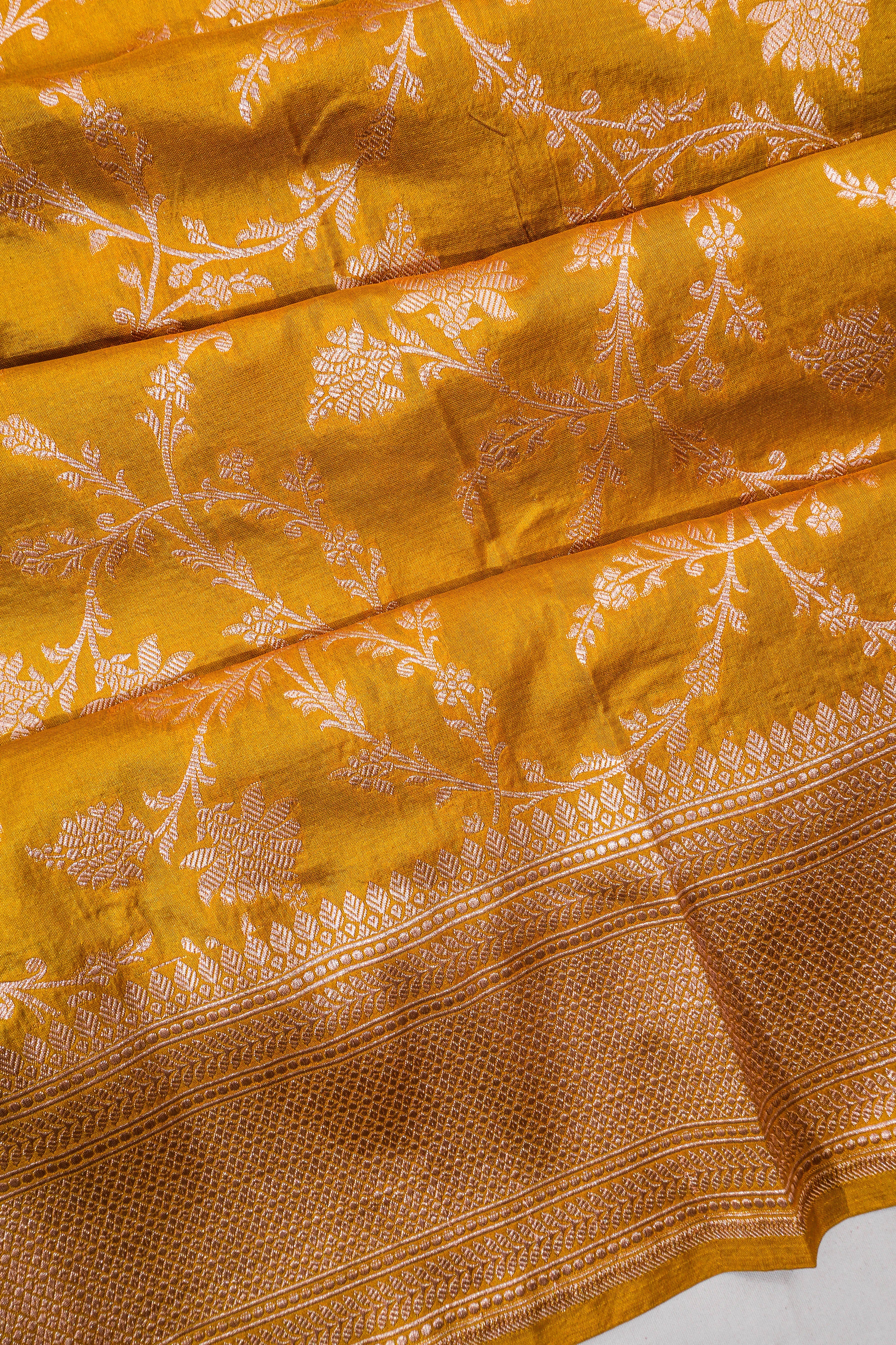 Vaanya Banaras Silk Brocade Jaal Mustard Yellow Saree