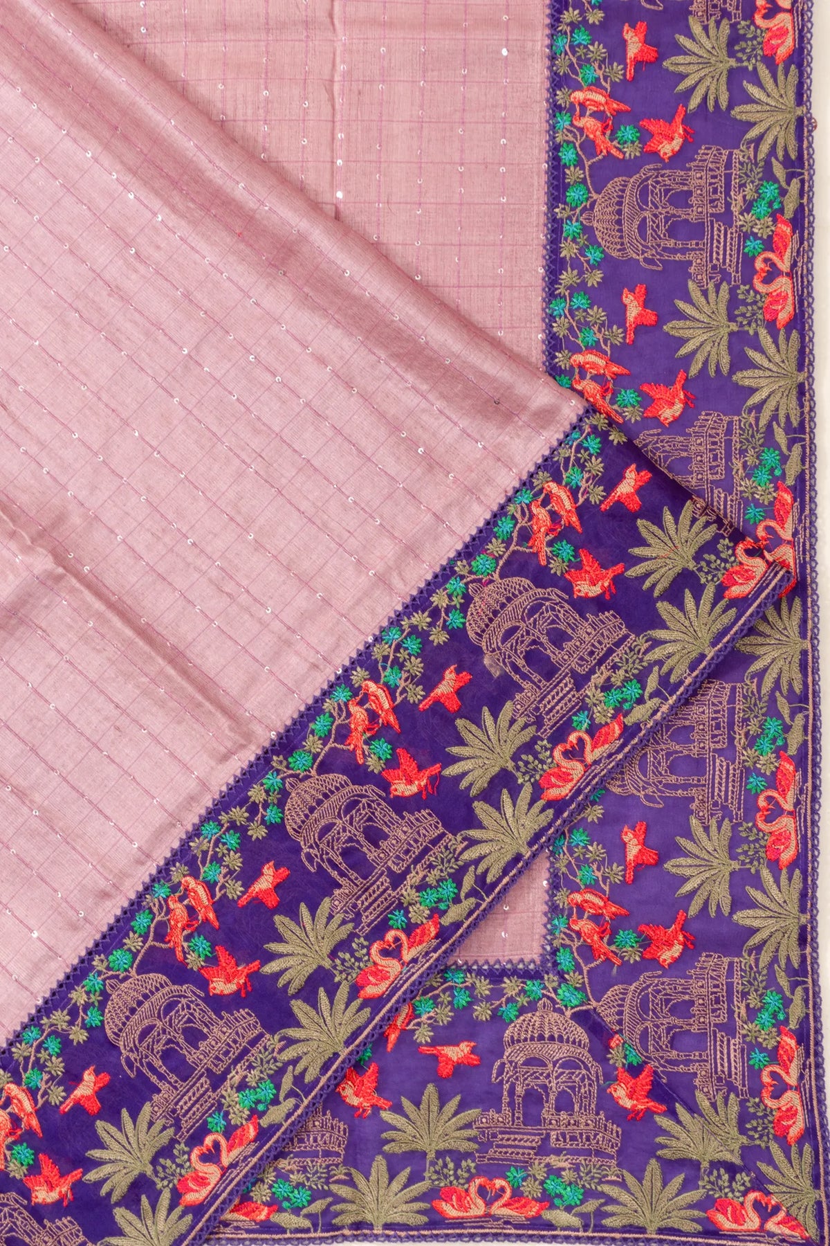 Tussar Sequin Checks Pink Saree With Embroidery Border