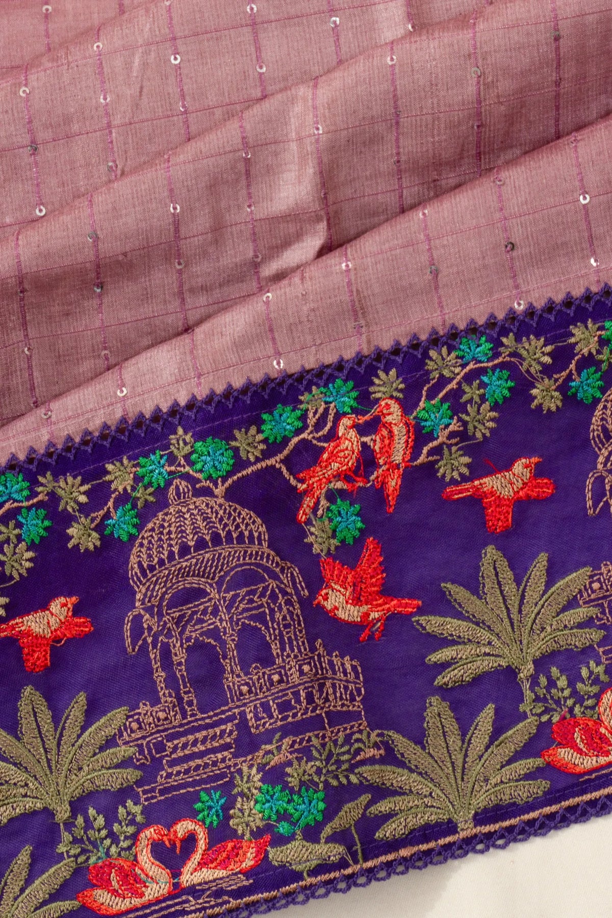 Tussar Sequin Checks Pink Saree With Embroidery Border