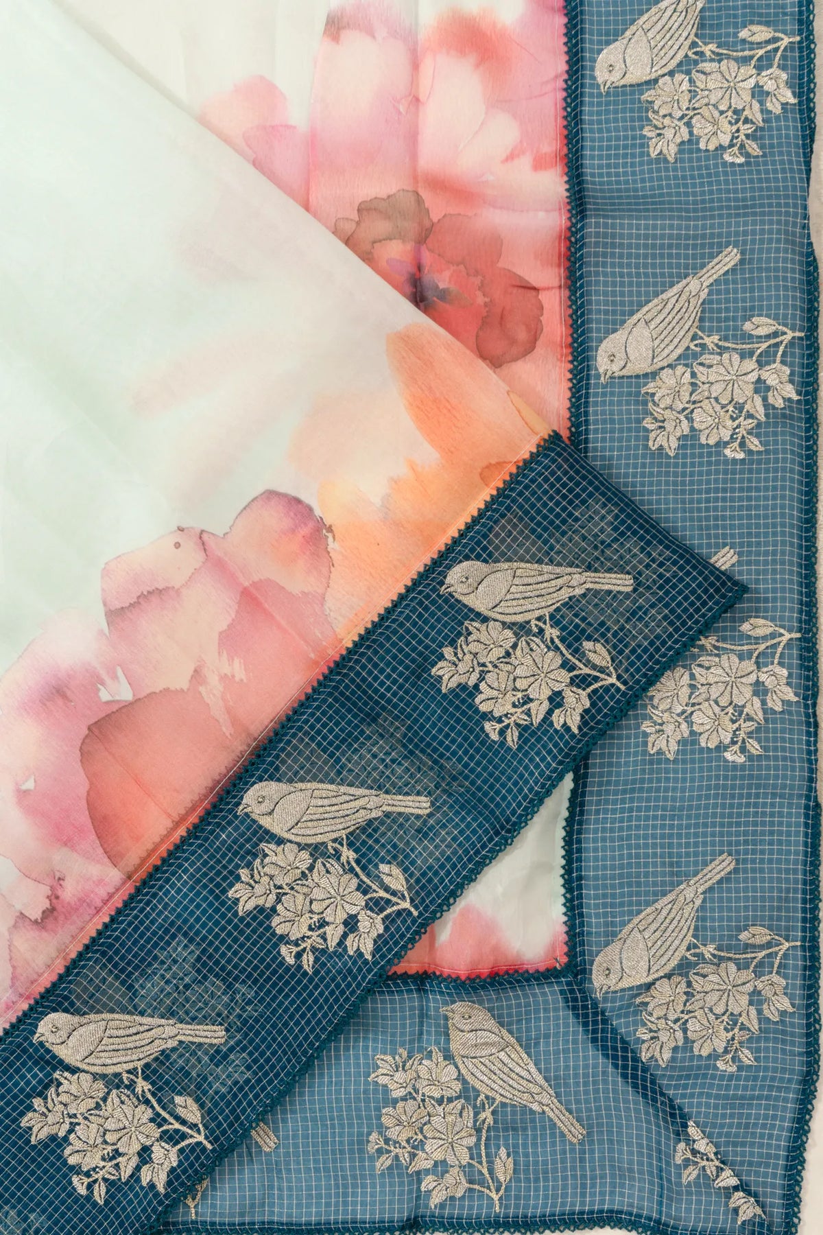 Organza Floral Printed White Saree With Embroidery Border