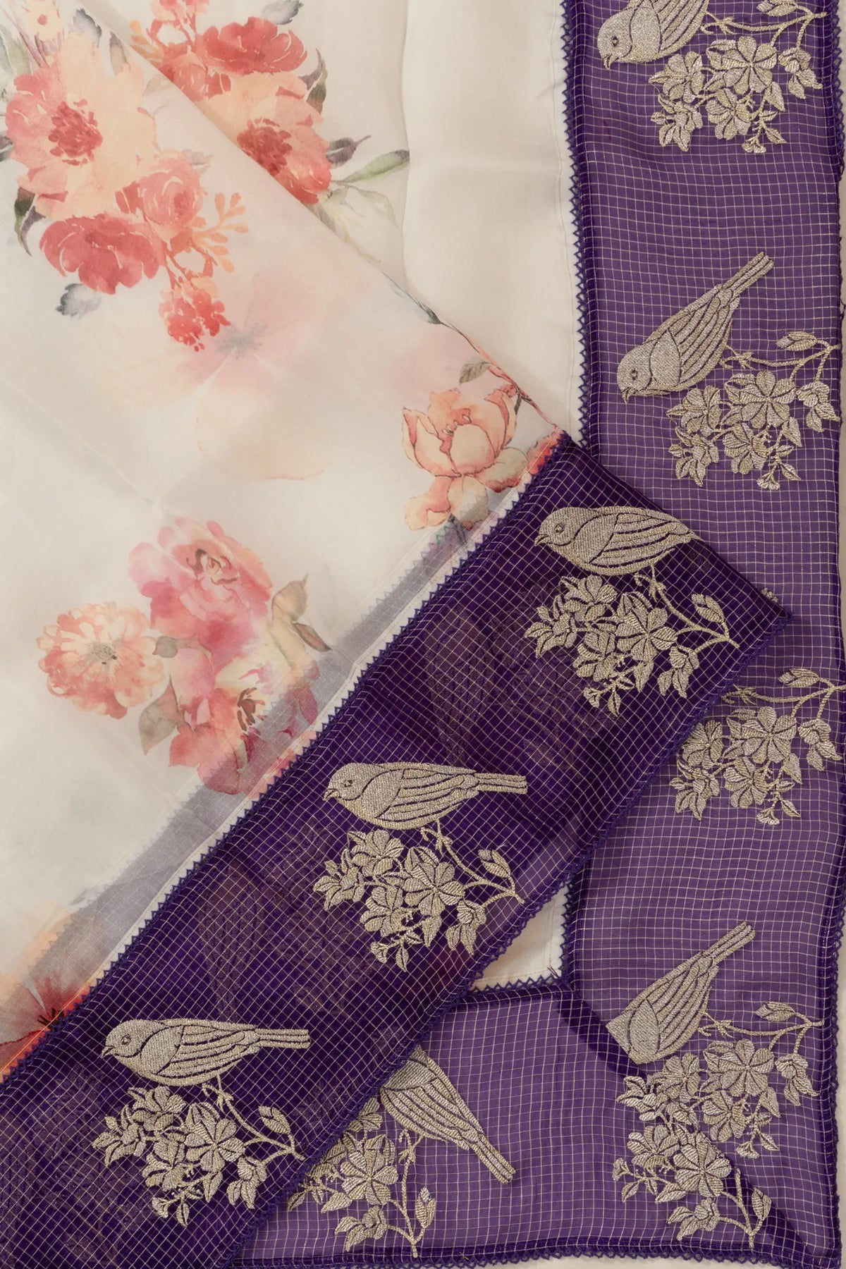 Organza Floral Printed Peach Saree With Embroidery Border