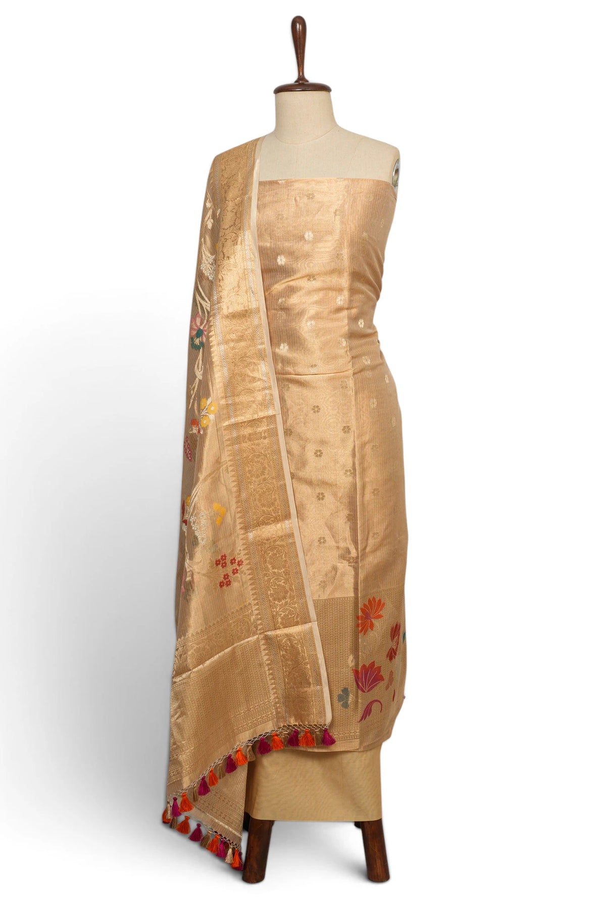 Banarasi Kora Organza Tissue Lines And Butta Gold Salwar Suit Set