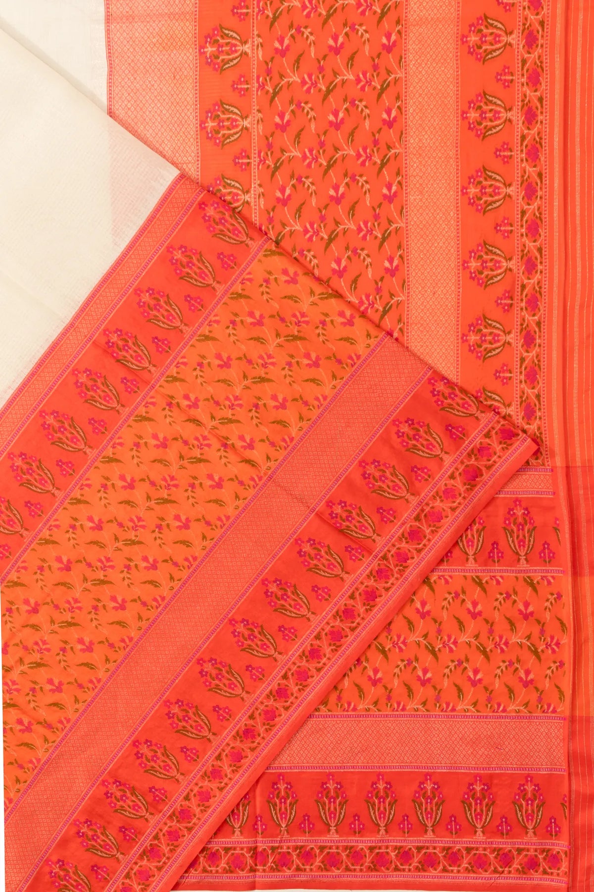 Banarasi Silk Checks White Saree With Very Big Border