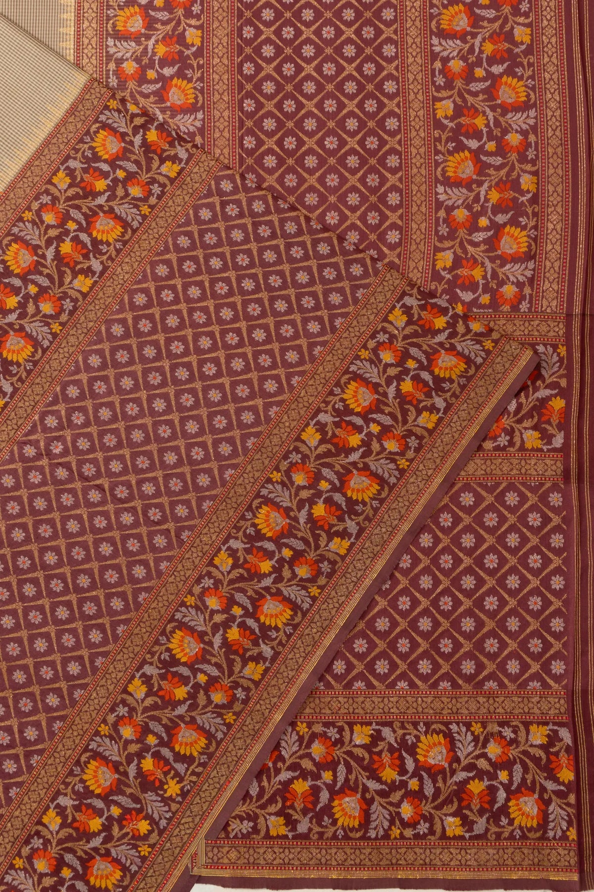 Banarasi Silk Checks Brown Saree With Very Big Border