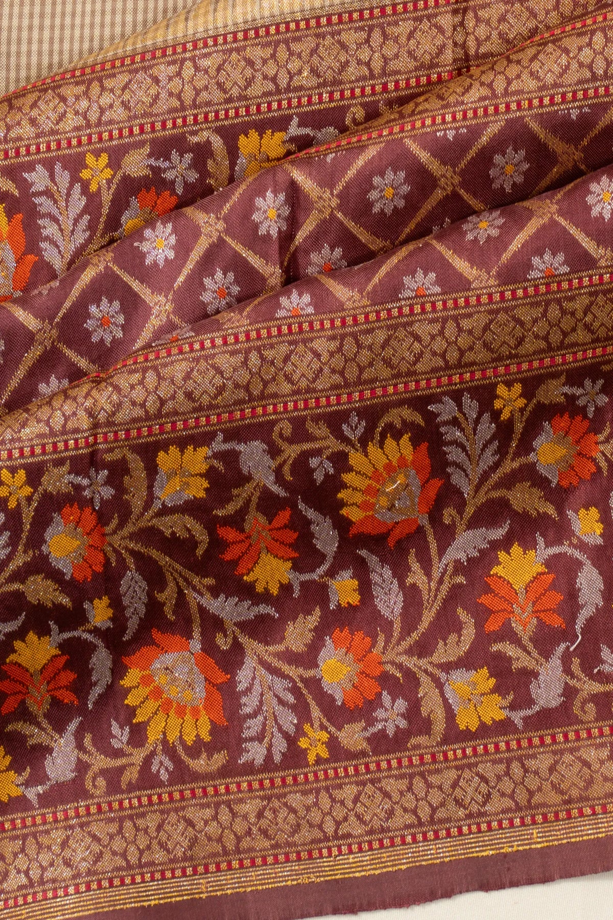 Banarasi Silk Checks Brown Saree With Very Big Border