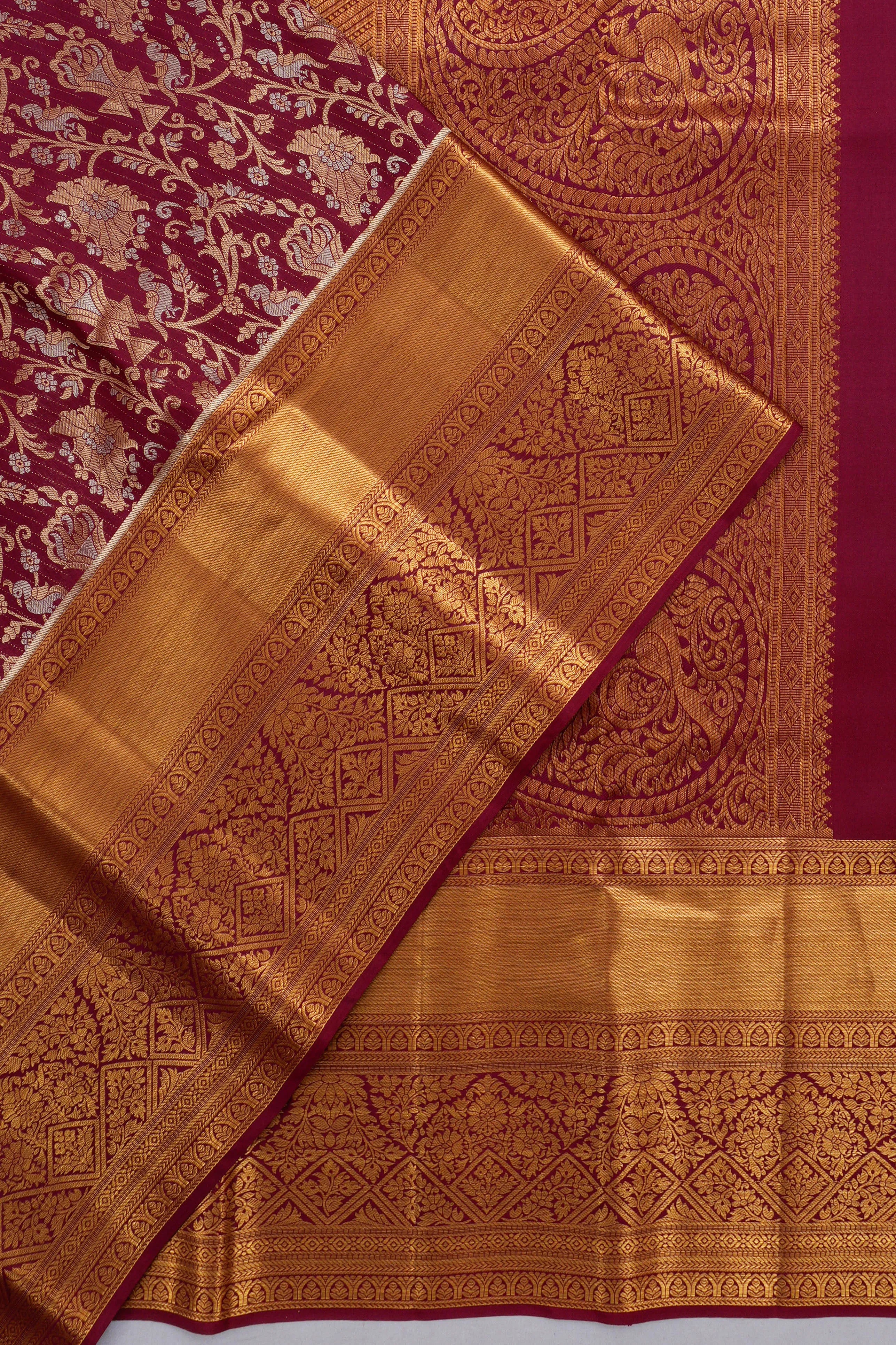 Taranga Kanchi Silk Jaal And Diagonal Lines Maroon Saree