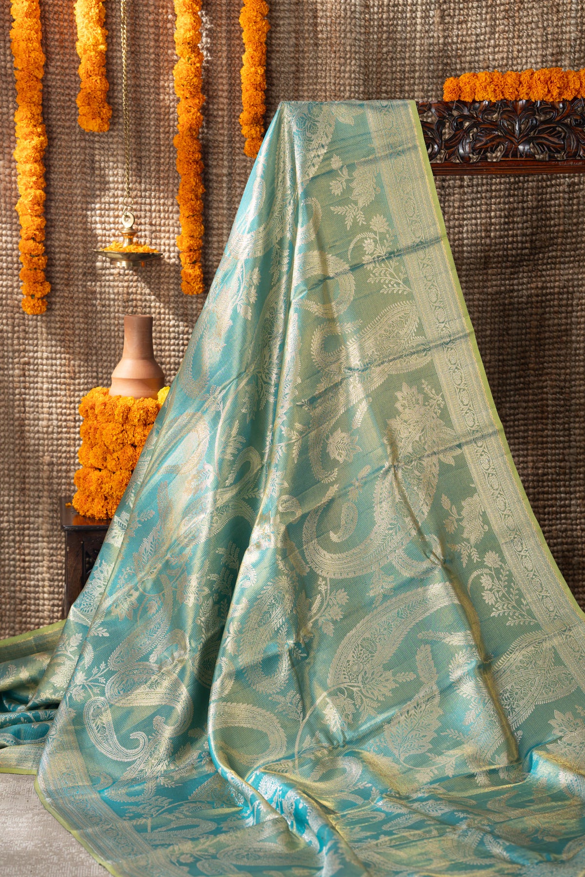 Kanchipuram Silk Tissue Brocade Sea Blue Saree