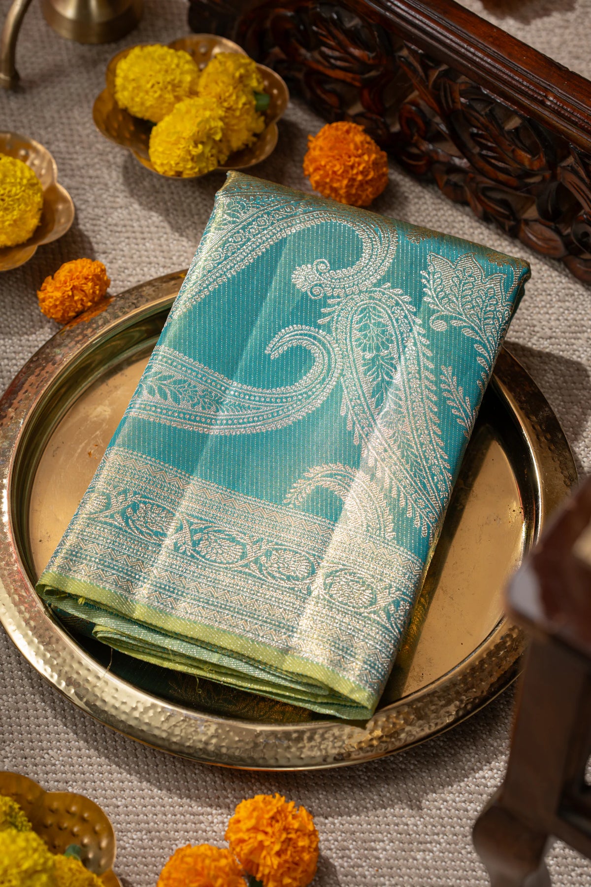 Kanchipuram Silk Tissue Brocade Sea Blue Saree
