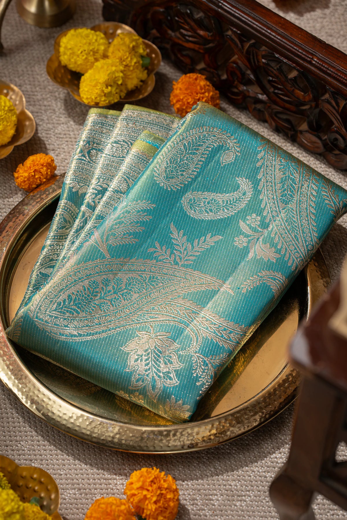 Kanchipuram Silk Tissue Brocade Sea Blue Saree
