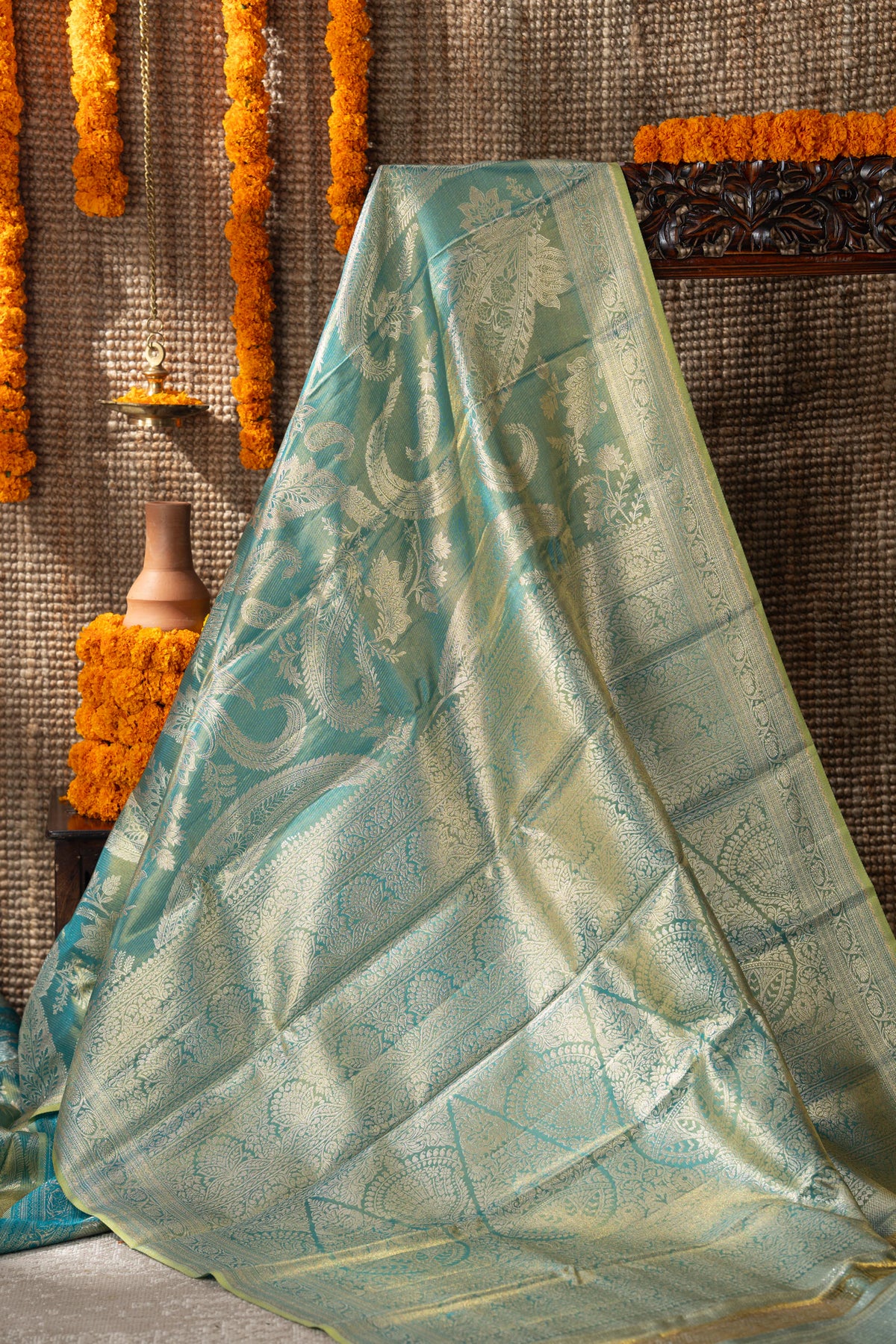 Kanchipuram Silk Tissue Brocade Sea Blue Saree