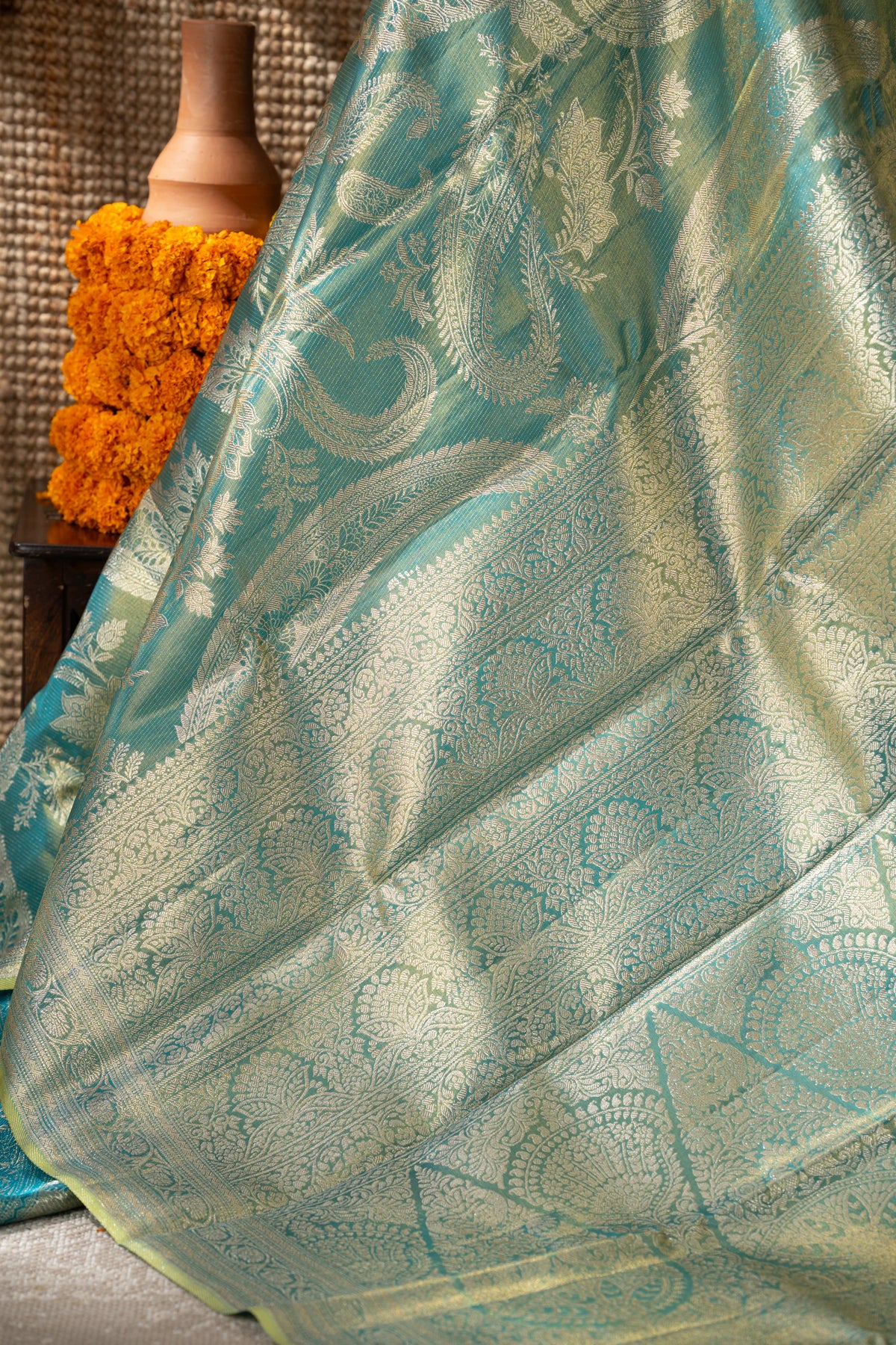 Kanchipuram Silk Tissue Brocade Sea Blue Saree