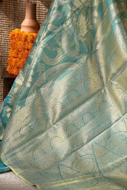 Kanchipuram Silk Tissue Brocade Sea Blue Saree