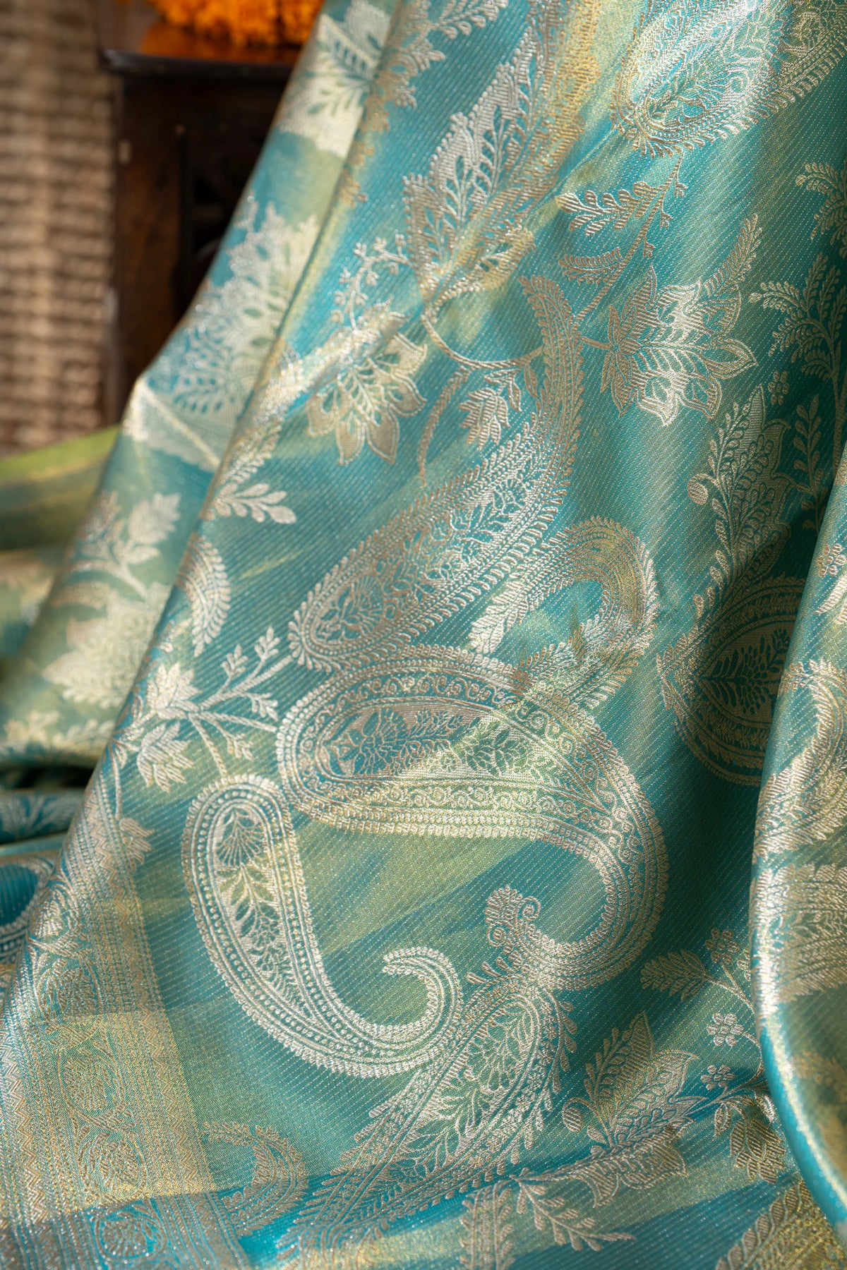 Kanchipuram Silk Tissue Brocade Sea Blue Saree