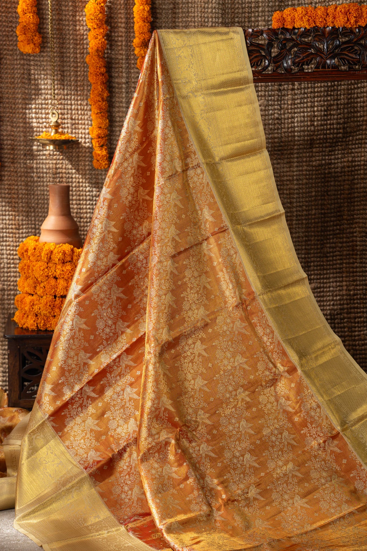 Kanchipuram Silk Tissue Jaal Red Saree