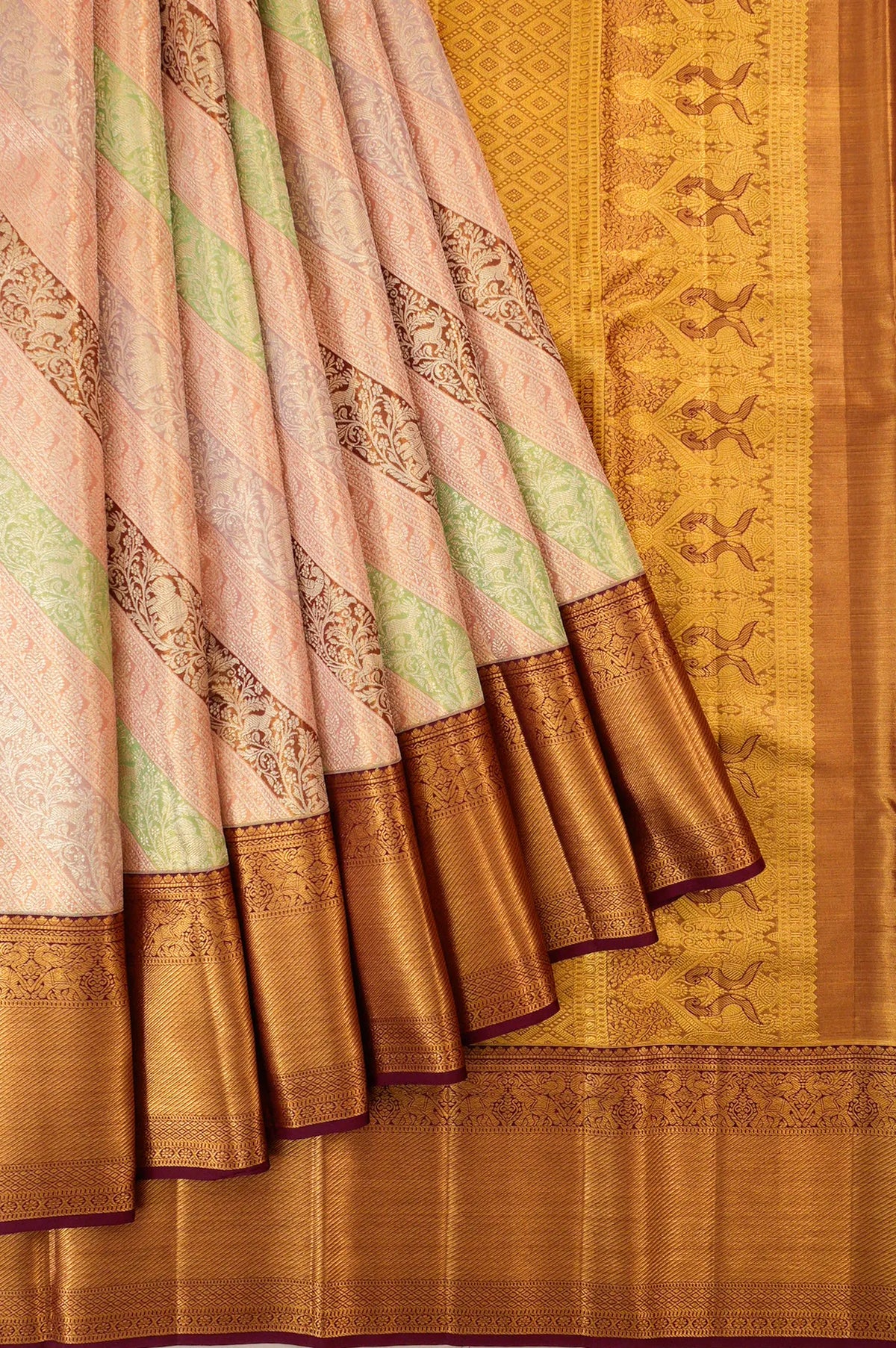 Kanchipuram Silk Tissue Jaal Rangkat Inspired Peach Saree