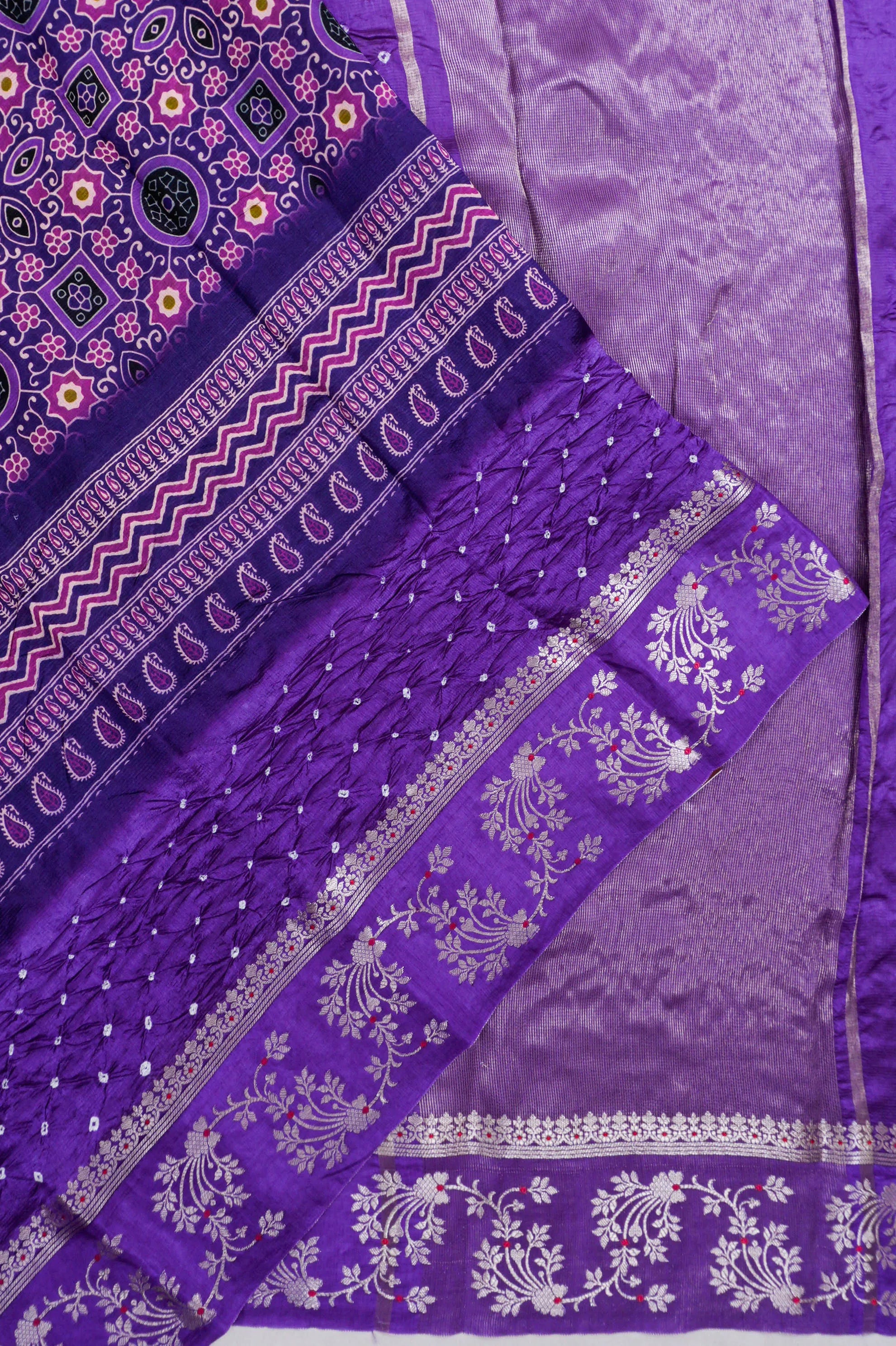 Gaji Silk Bandhani Block Printed Violet Saree