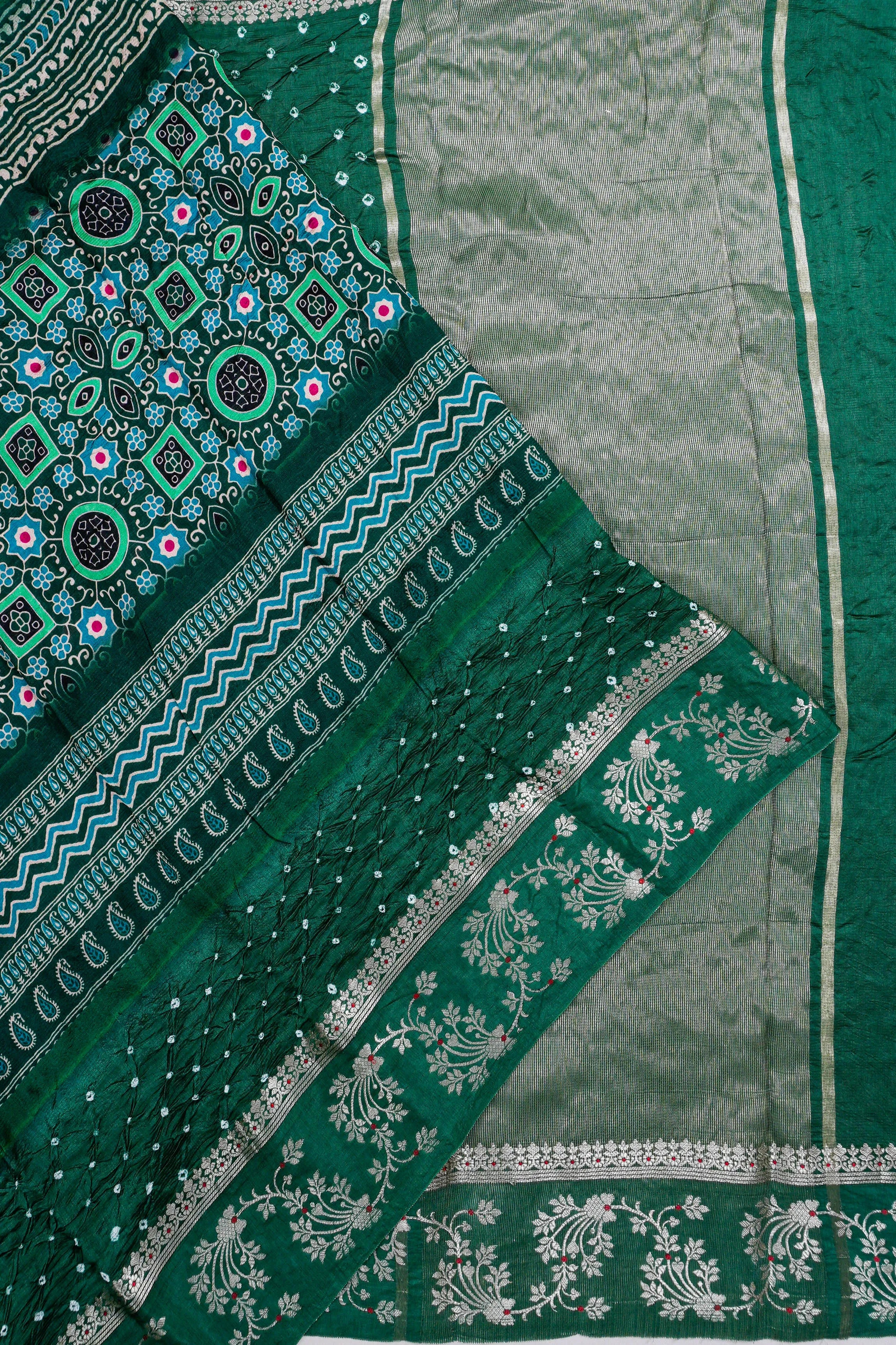 Gaji Silk Bandhani Block Printed Green Saree