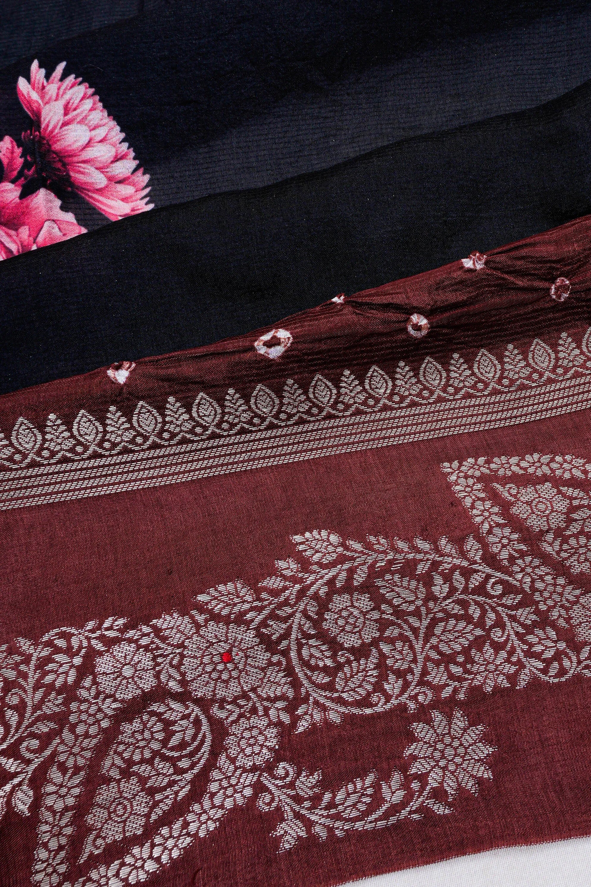 Gaji Silk Bandhani Floral Printed Black Saree