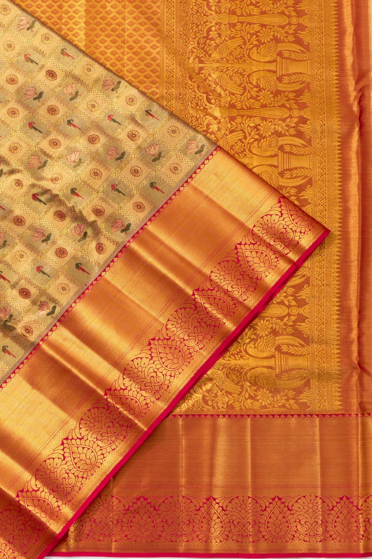 Taranga Kanchi Silk Tissue Checks And Butta Gold Saree