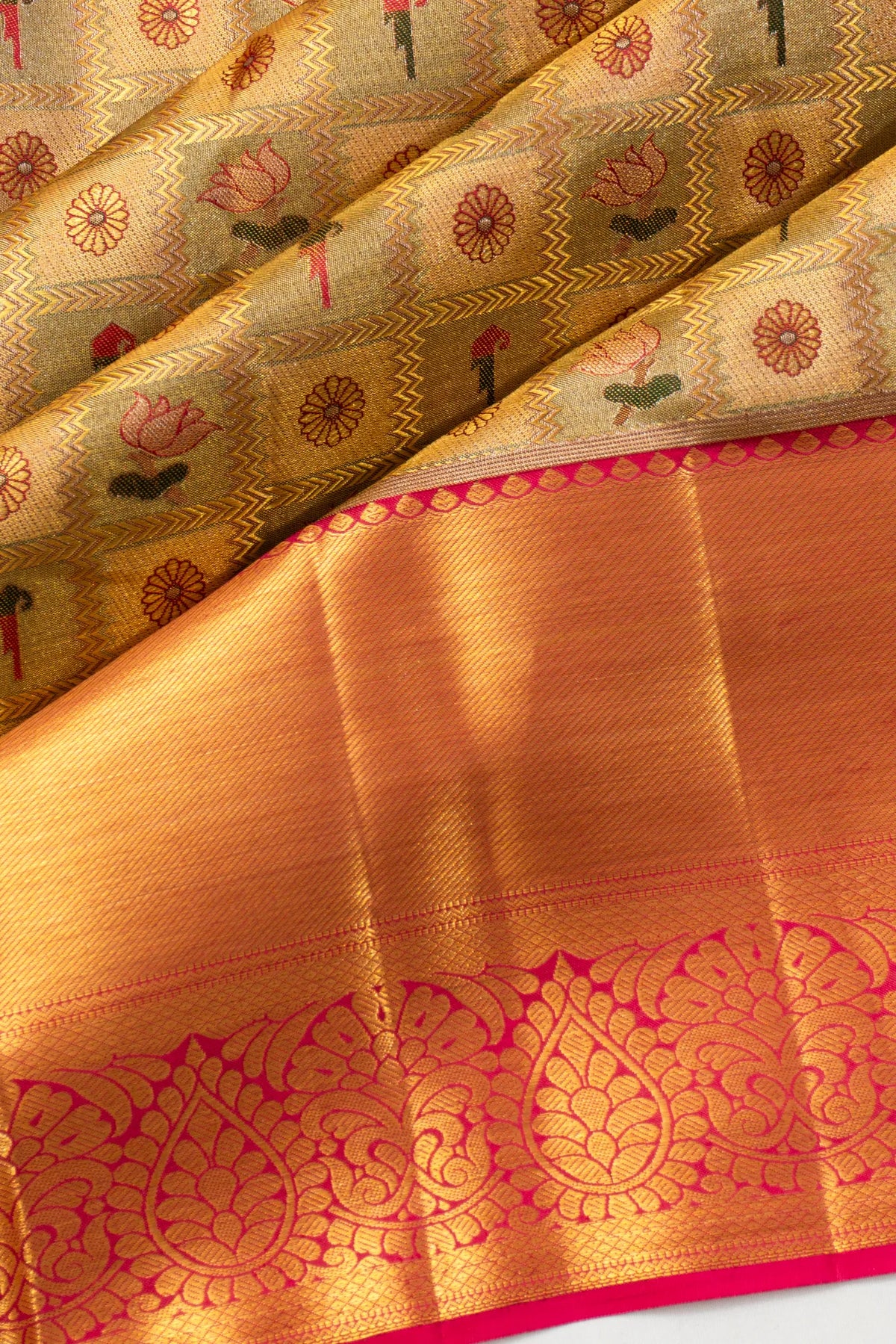 Taranga Kanchi Silk Tissue Checks And Butta Gold Saree
