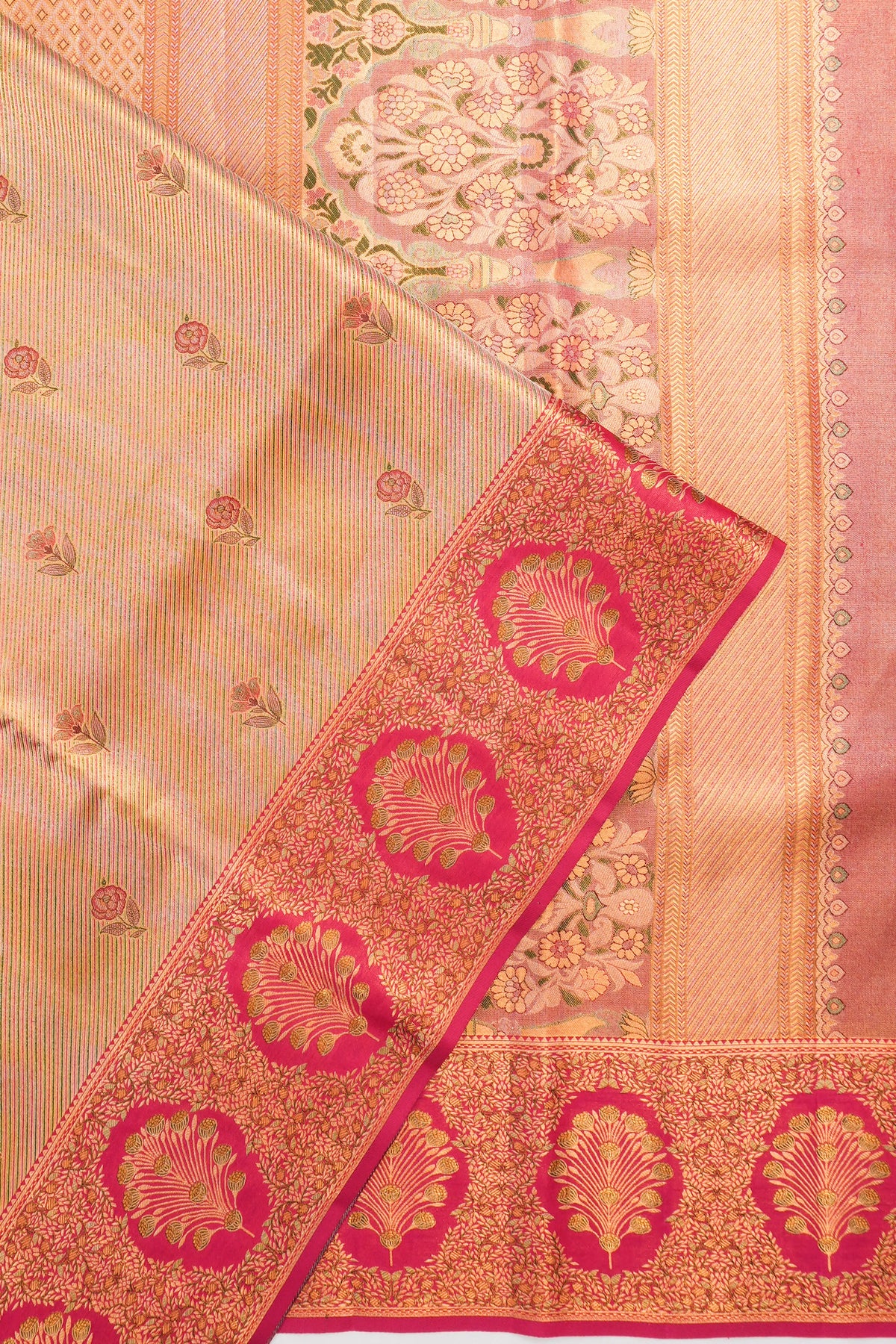 Taranga Kanchi Silk Tissue Diagonal Lines And Butta Gold Saree