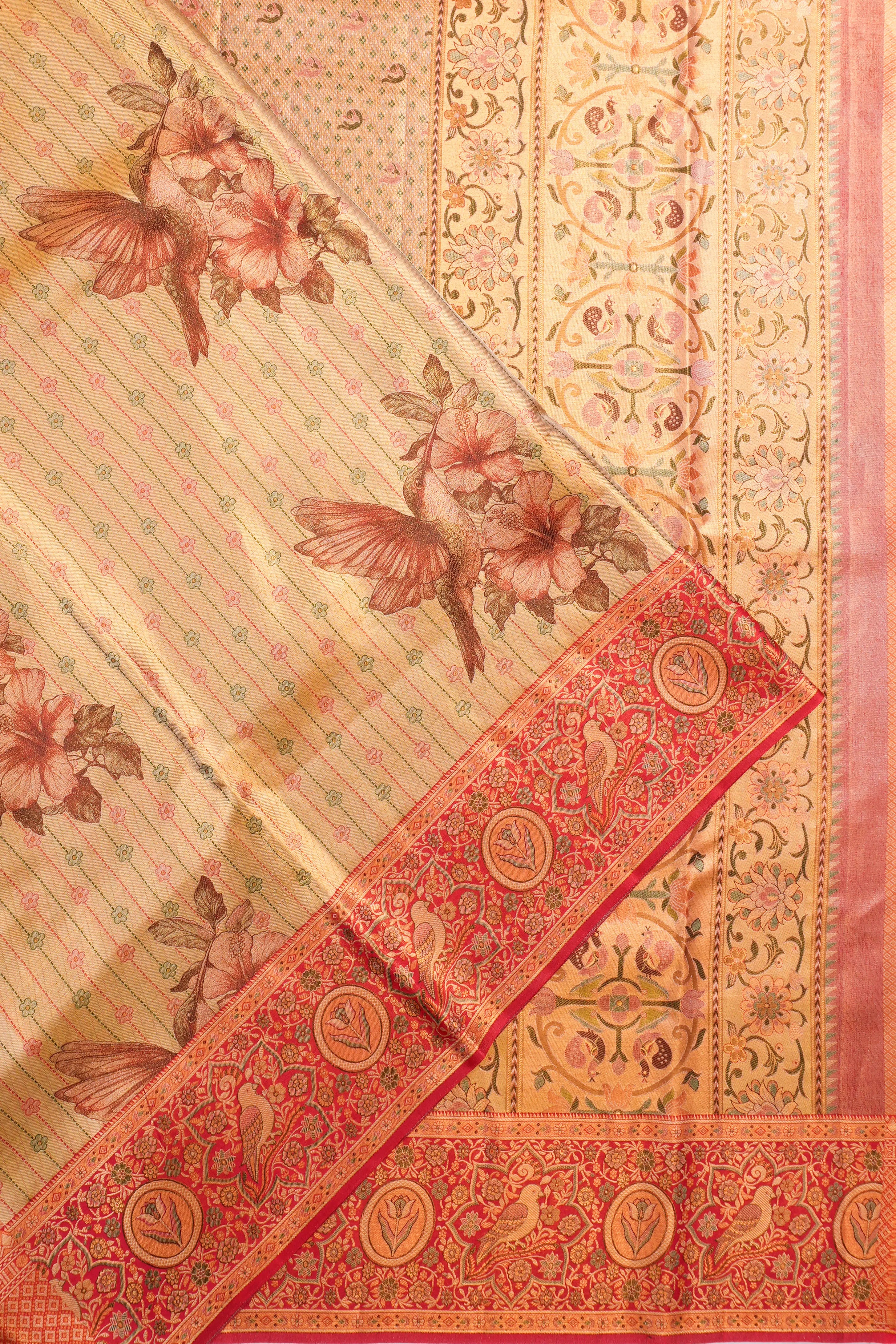 Taranga Kanchi Silk Tissue Brocade And Floral Printed Gold Saree