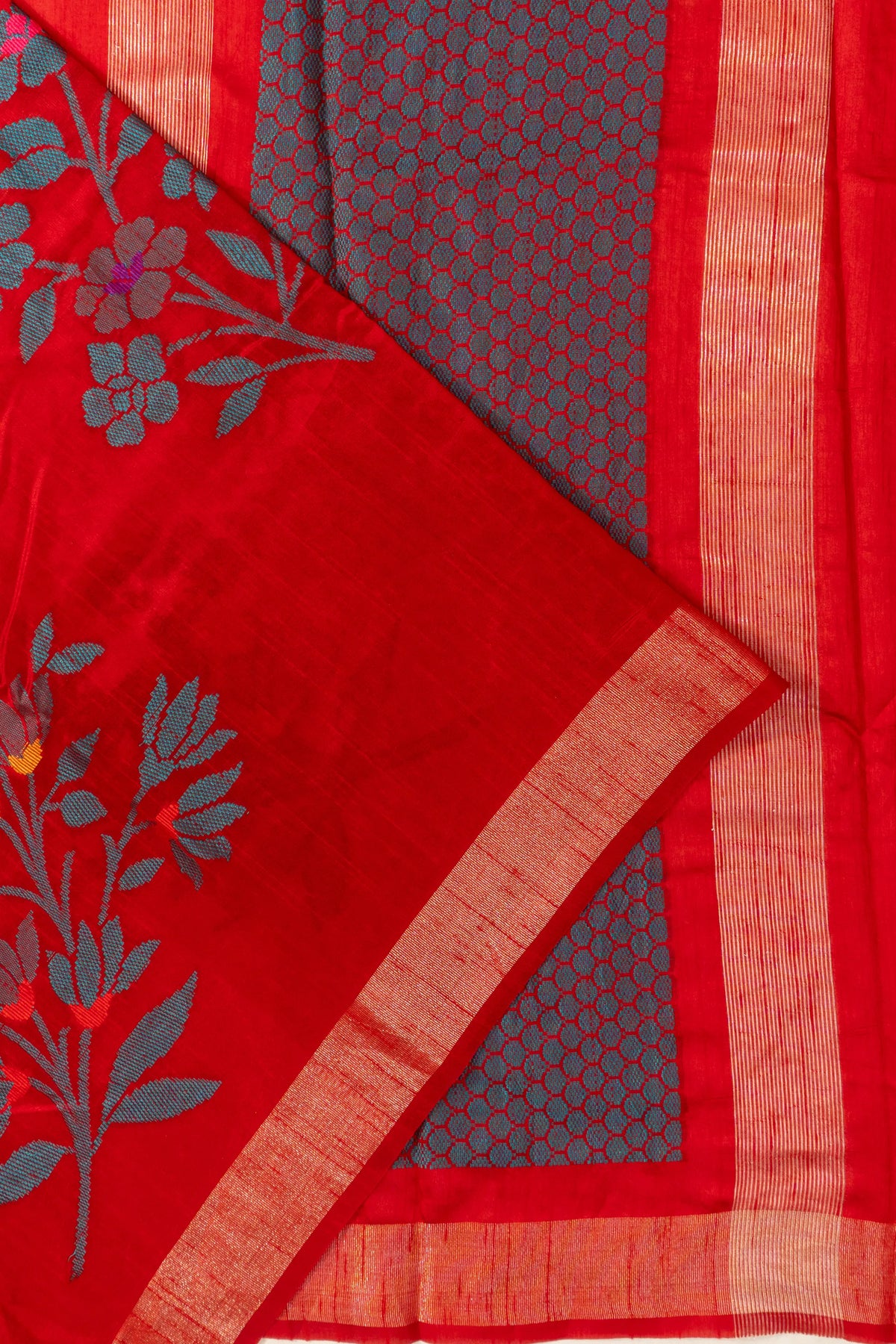Vaanya Banaras Tussar Floral Embroidery Red Saree