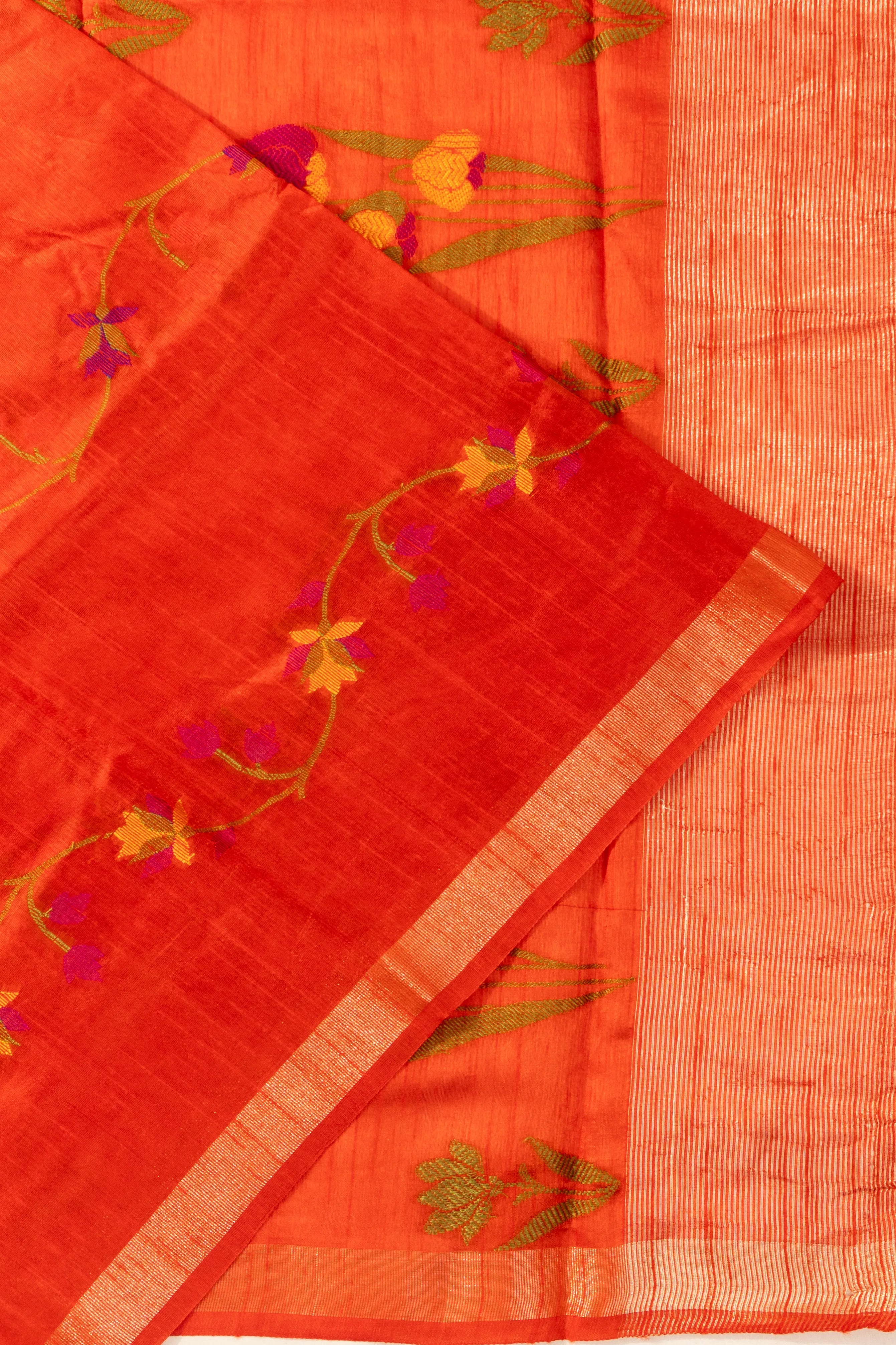 Vaanya Banaras Tussar Floral Embroidery Orange Saree