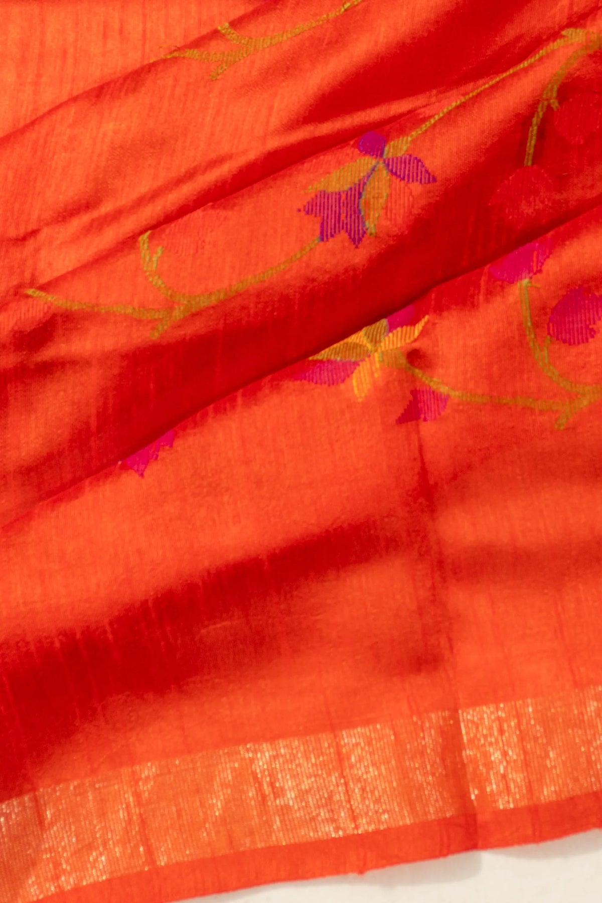 Vaanya Banaras Tussar Floral Embroidery Orange Saree