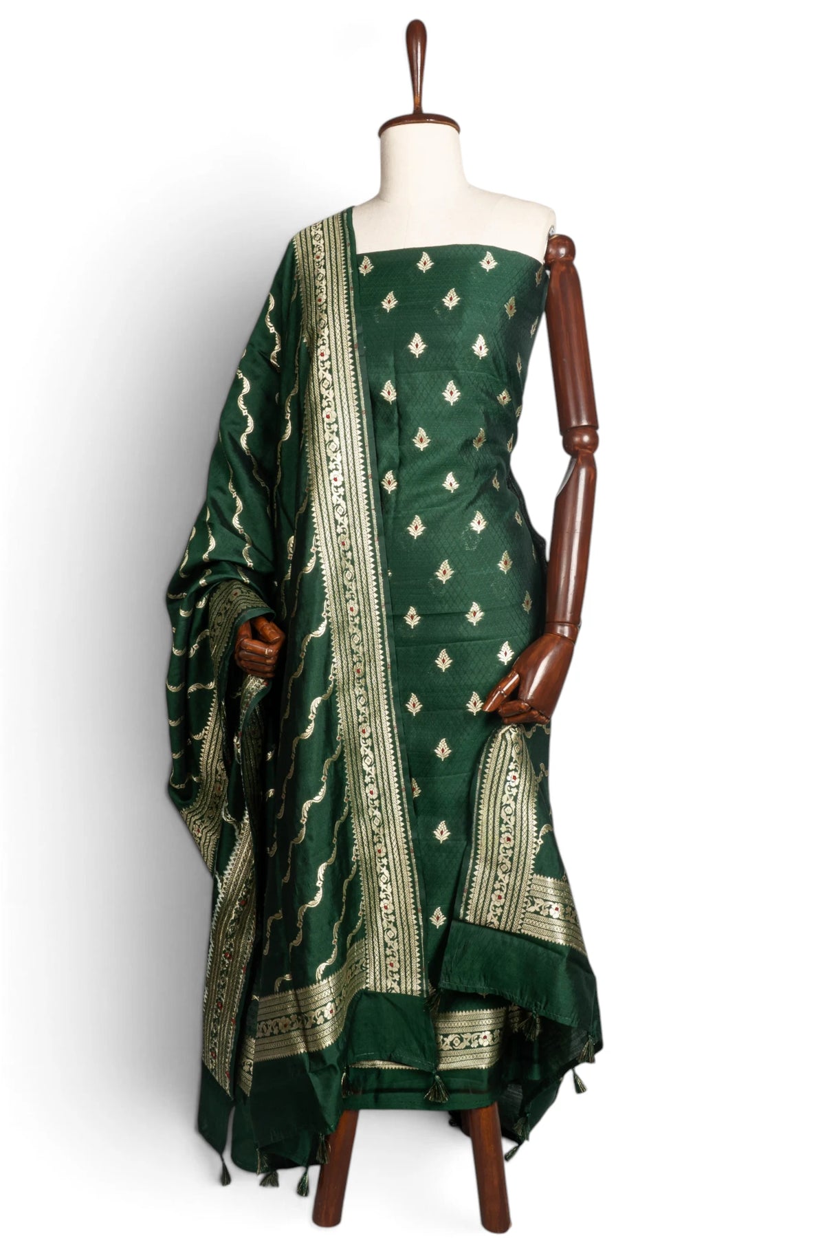 Vaanya Banaras Silk Butta Bottle Green Salwar Suit Set W/O Bottom
