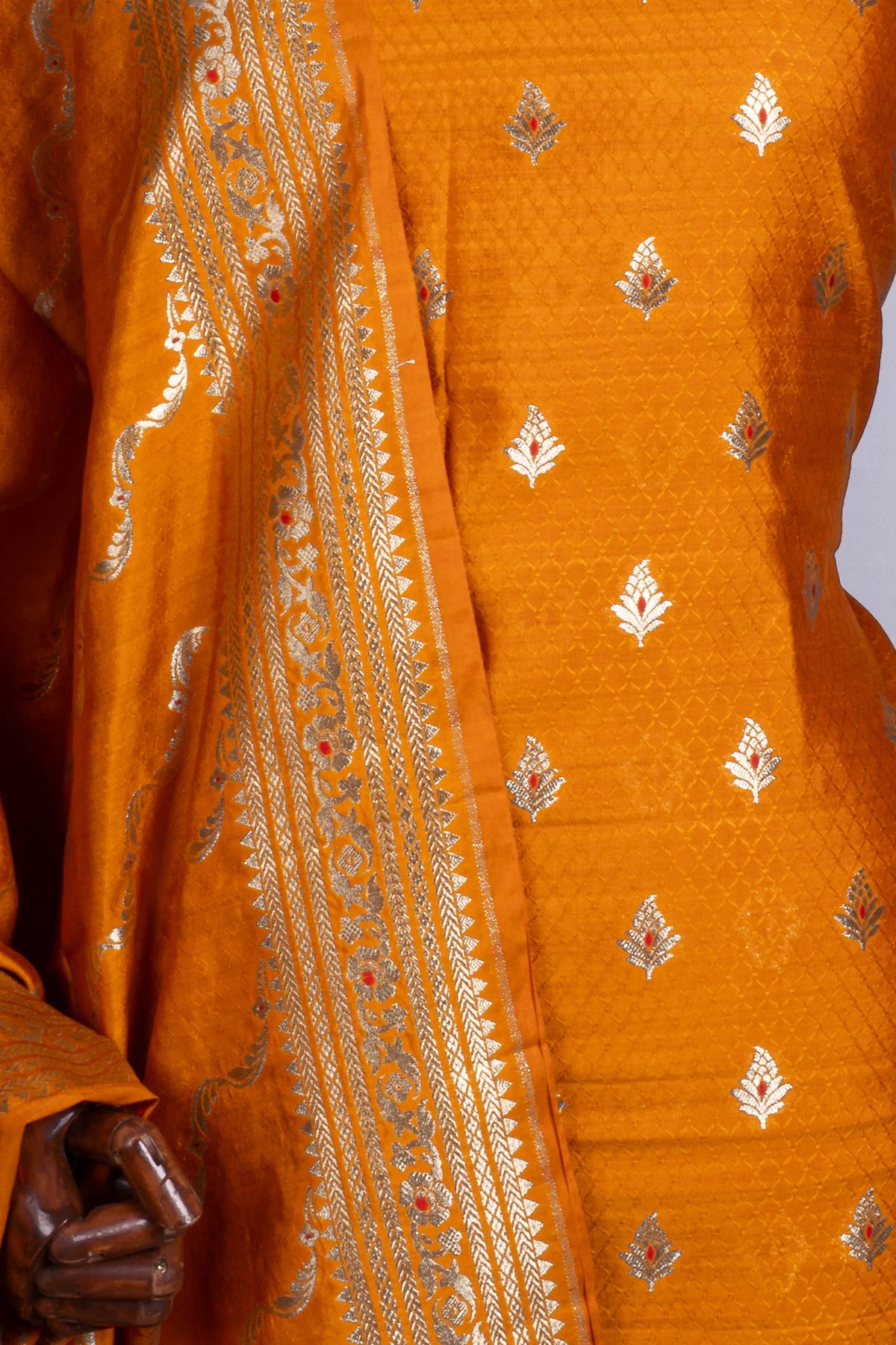 Vaanya Banaras Silk Butta Mustard Yellow Salwar Suit Set W/O Bottom