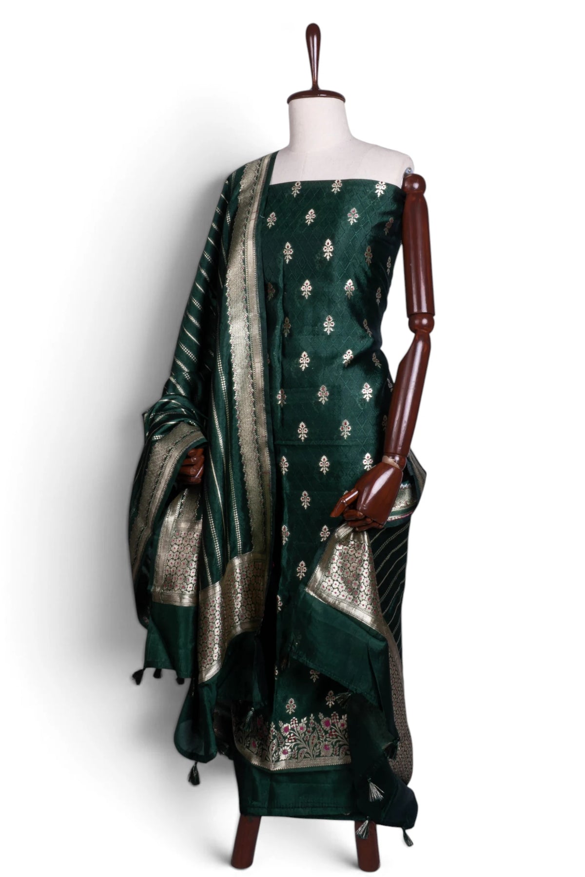 Vaanya Banaras Silk Butta Bottle Green Salwar Suit Set W/O Bottom