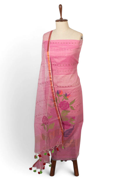 Dhakai Handspun Cotton Jamdani Baby Pink Salwar Suit Set W/O Bottom
