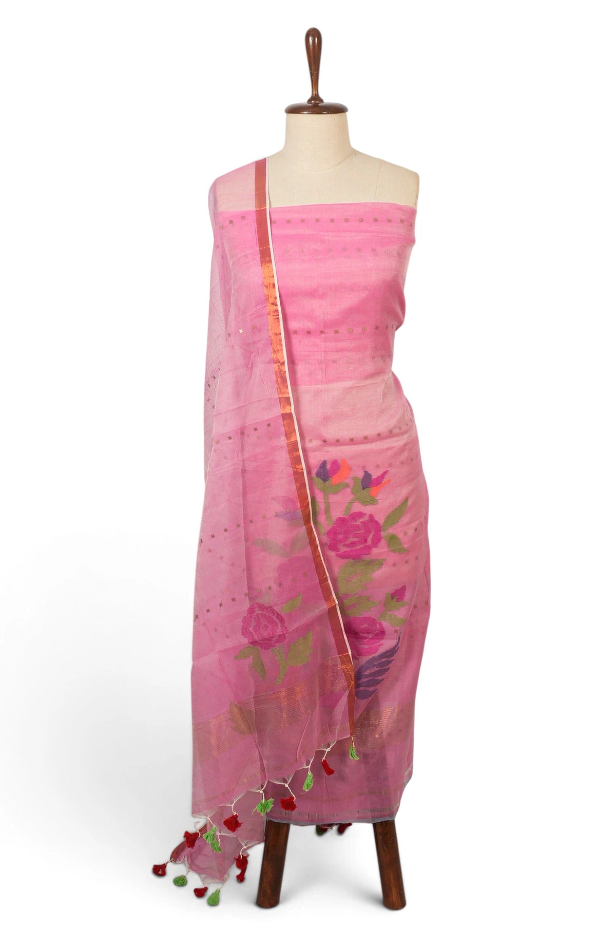 Dhakai Handspun Cotton Jamdani Baby Pink Salwar Suit Set W/O Bottom