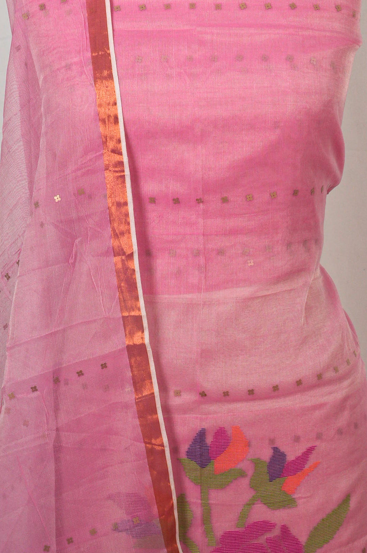Dhakai Handspun Cotton Jamdani Baby Pink Salwar Suit Set W/O Bottom