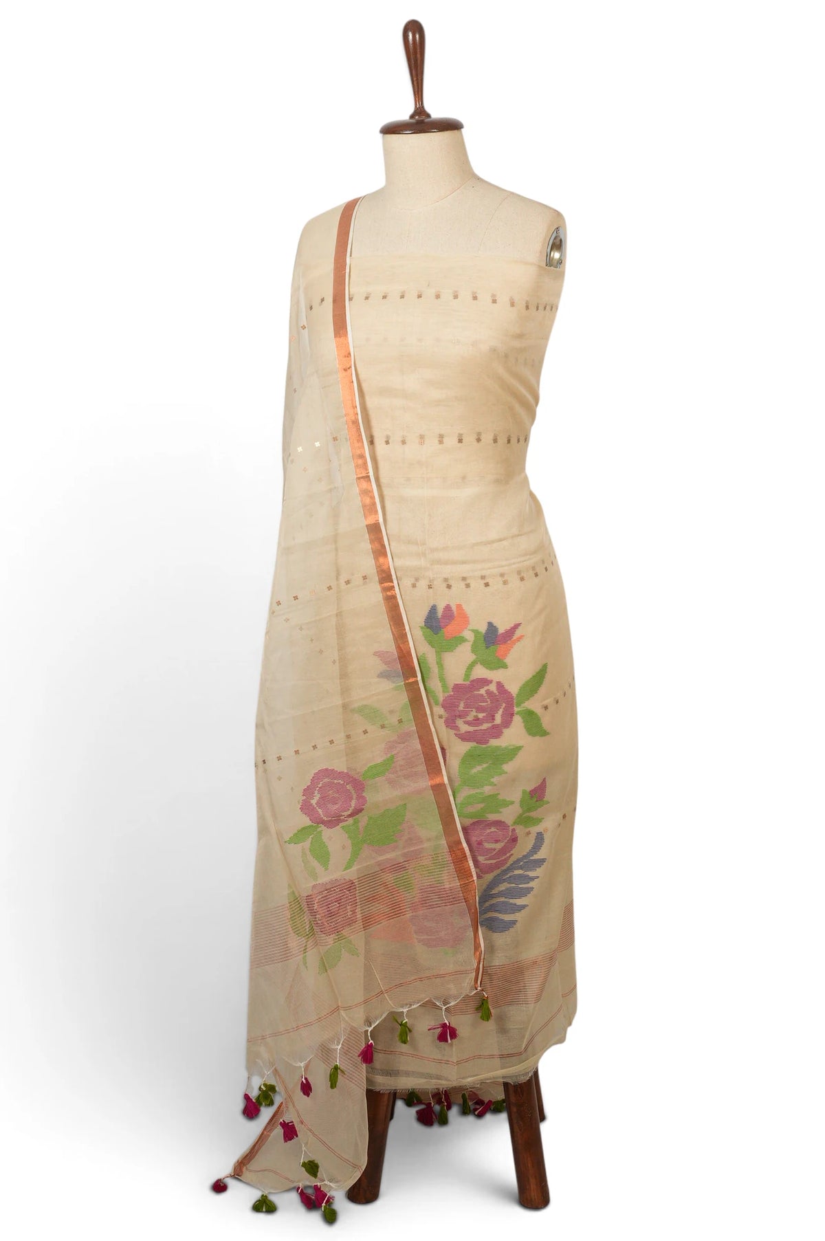 Dhakai Handspun Cotton Jamdani Off White Salwar Suit Set W/O Bottom