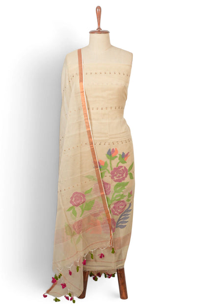 Dhakai Handspun Cotton Jamdani Off White Salwar Suit Set W/O Bottom