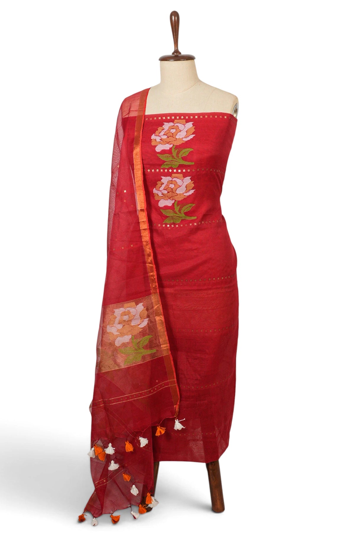 Dhakai Handspun Cotton Jamdani Red Salwar Suit Set W/O Bottom