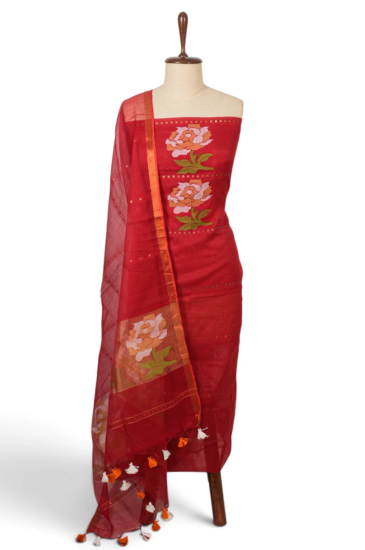 Dhakai Handspun Cotton Jamdani Red Salwar Suit Set W/O Bottom