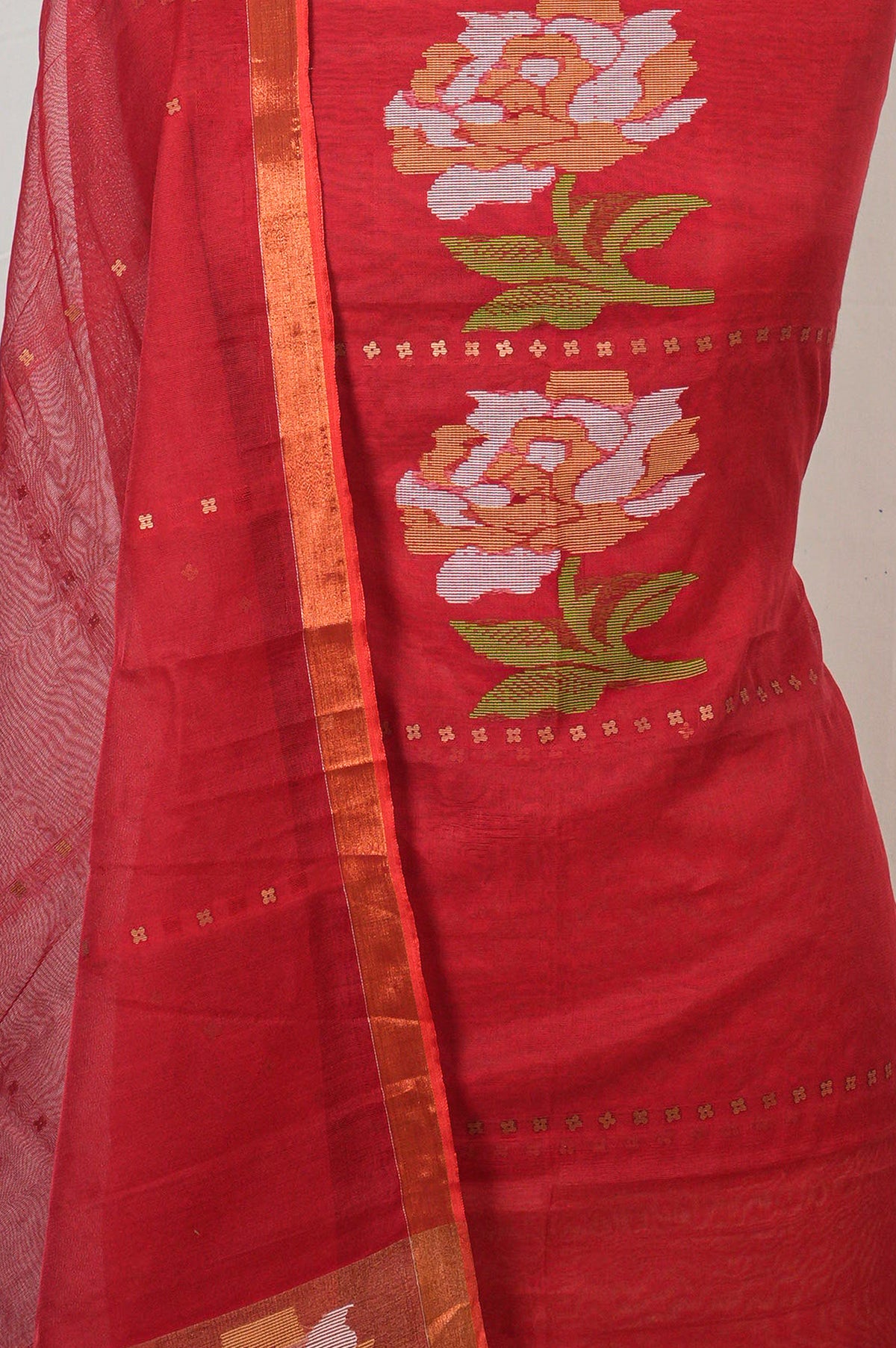 Dhakai Handspun Cotton Jamdani Red Salwar Suit Set W/O Bottom