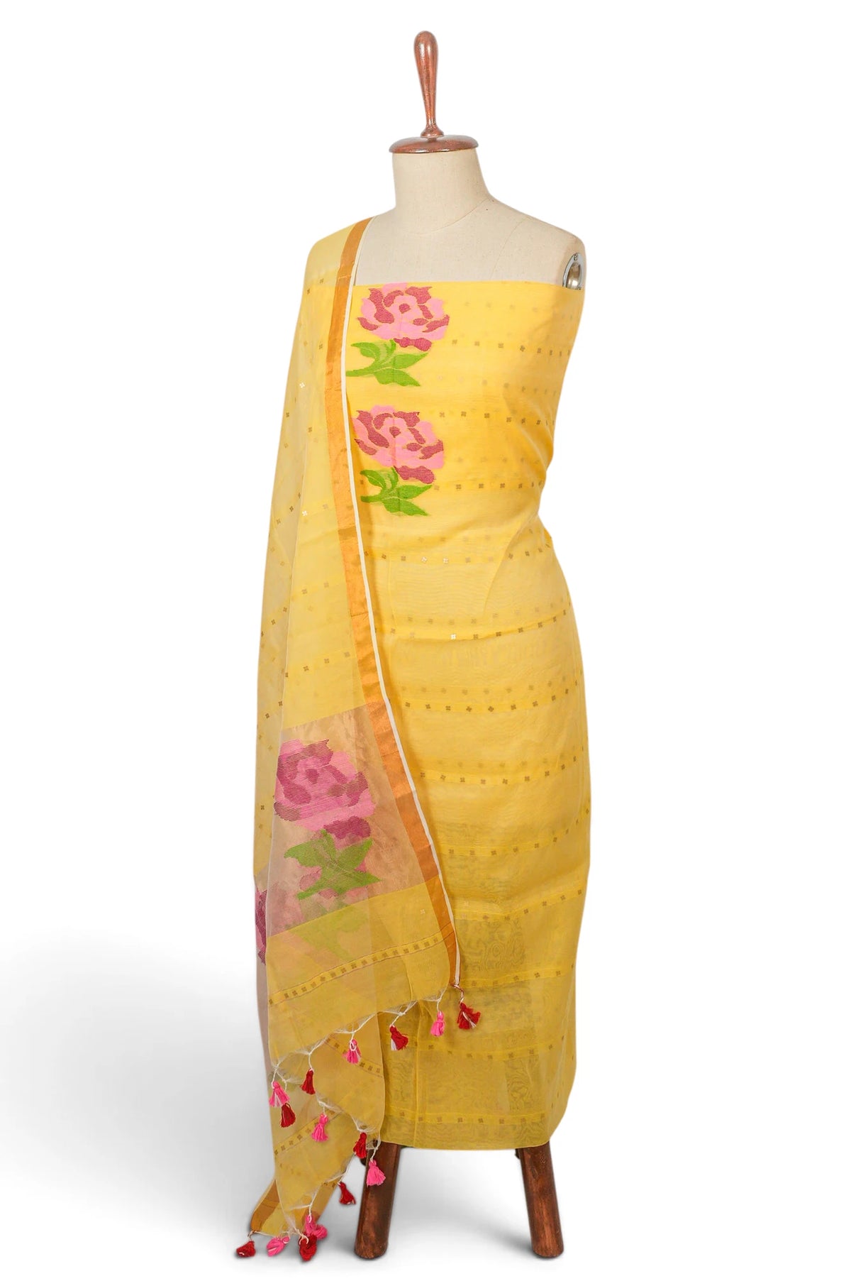 Dhakai Handspun Cotton Jamdani Yellow Salwar Suit Set W/O Bottom